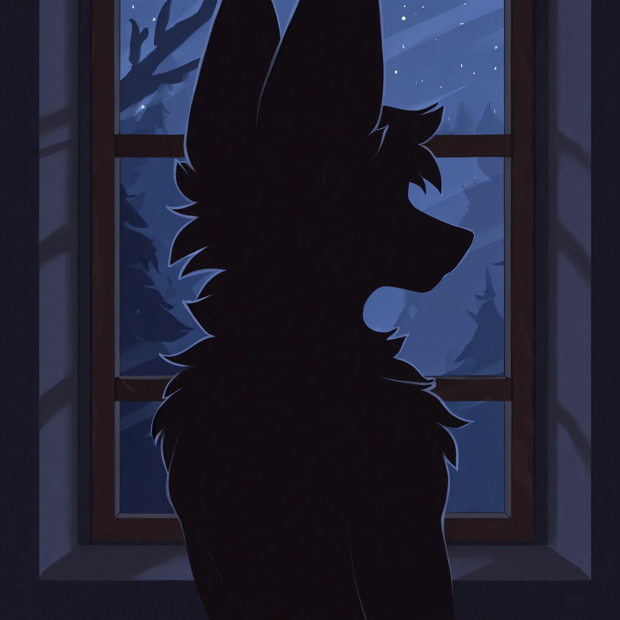 ((male anthro maned wolf)),furry anthro,side-close-up shot ,the snout is visible, night time,He is facing the window, silhouette of a furry, close up