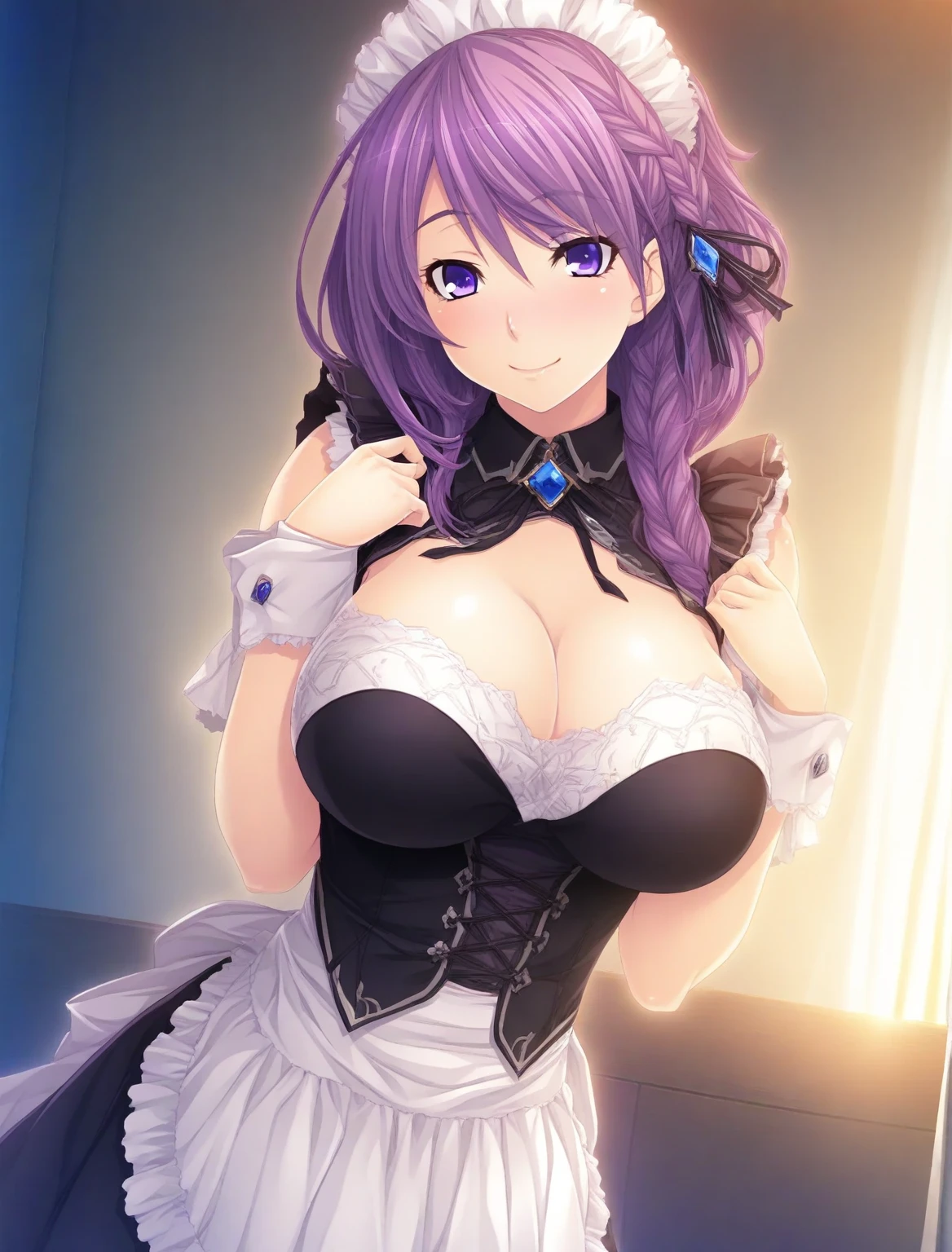 realistically，1个Giant Breast Girl，Blue hair，red eyes，glowing light eyes，cut the top，a skirt，Open lips，The face is red，natta，fresh flowers，suns，rays of sunshine，H-CUP Large, Japan goddess, Colossal tits，