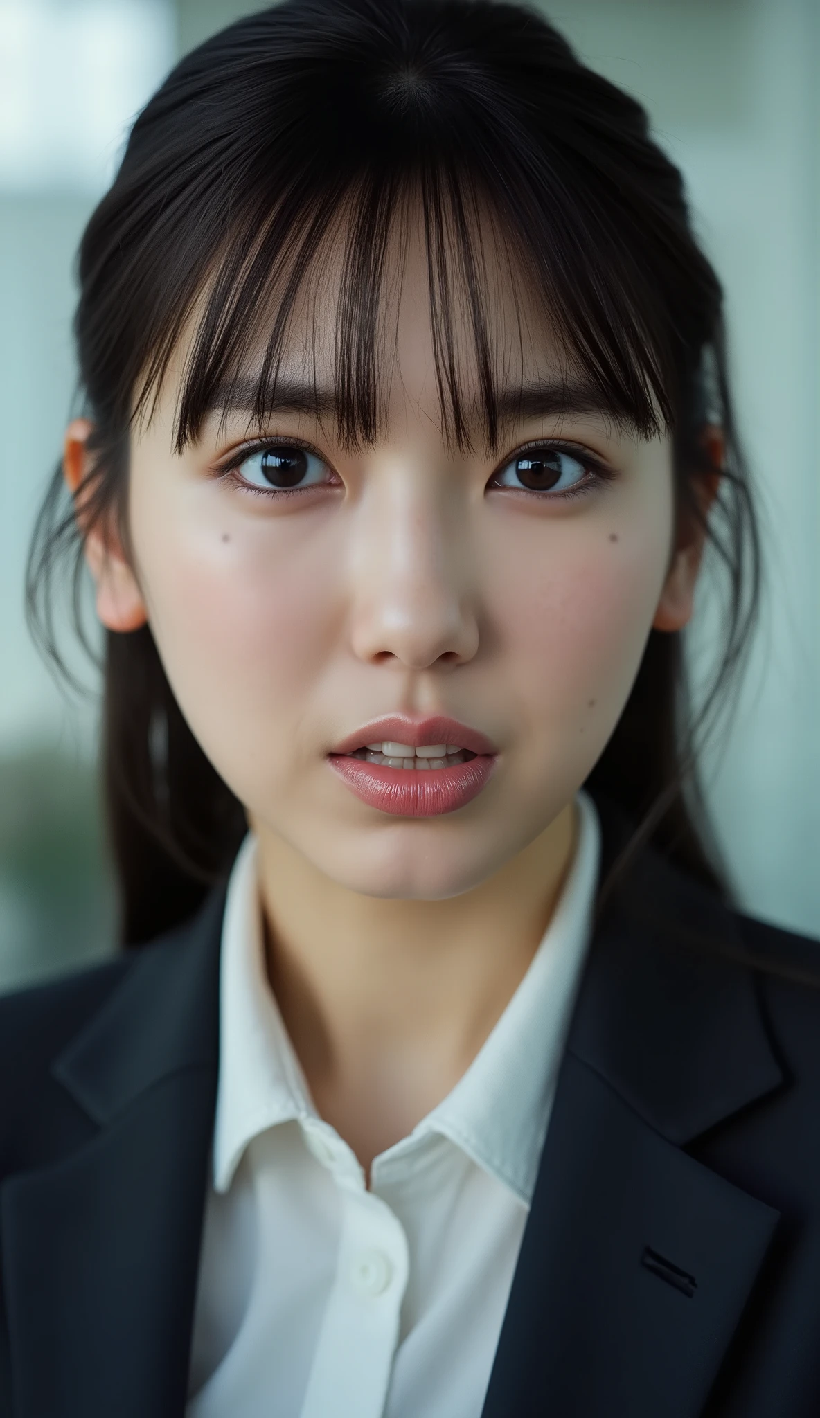 Neat Young Woman、looking at the camera、office lady suit、jacket、shirt、Ear piercings、has bangs and is making a small scream、dark eyeshadow、、No expression、has closed its mouth、face close-up、The background is office