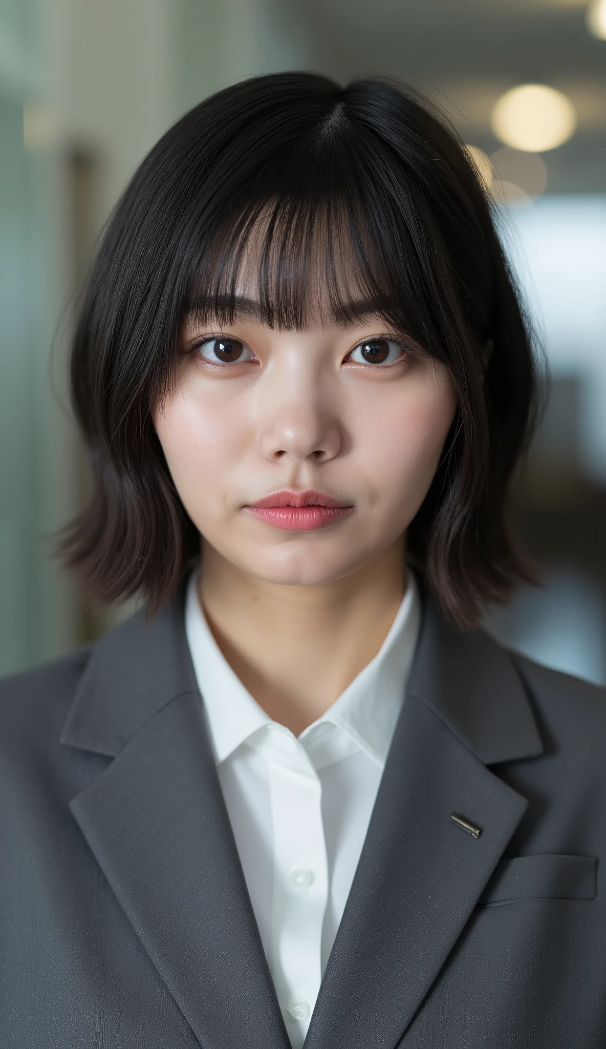 Neat Young Woman、looking at the camera、office lady suit、jacket、shirt、Ear piercings、前髪あり、hairstyle short bob、薄い茶髪、No expression、has closed its mouth、、face close-up、The background is office
