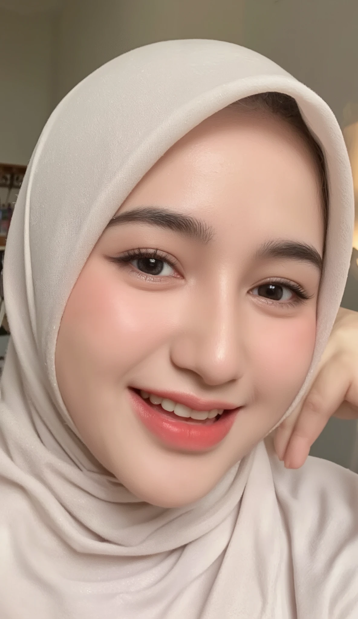 a young indonesian female  wearing a white hijab blue blush, smile laugh lips, detailed portrait, ((close up shot)), hyper realistic, cinematic lighting, soft warm colors, high contrast, professional photography, intricate facial features, expressive eyes, glowing skin, natural makeup, soft smile, laughing expression, dynamic pose, home, room house background, warm lighting