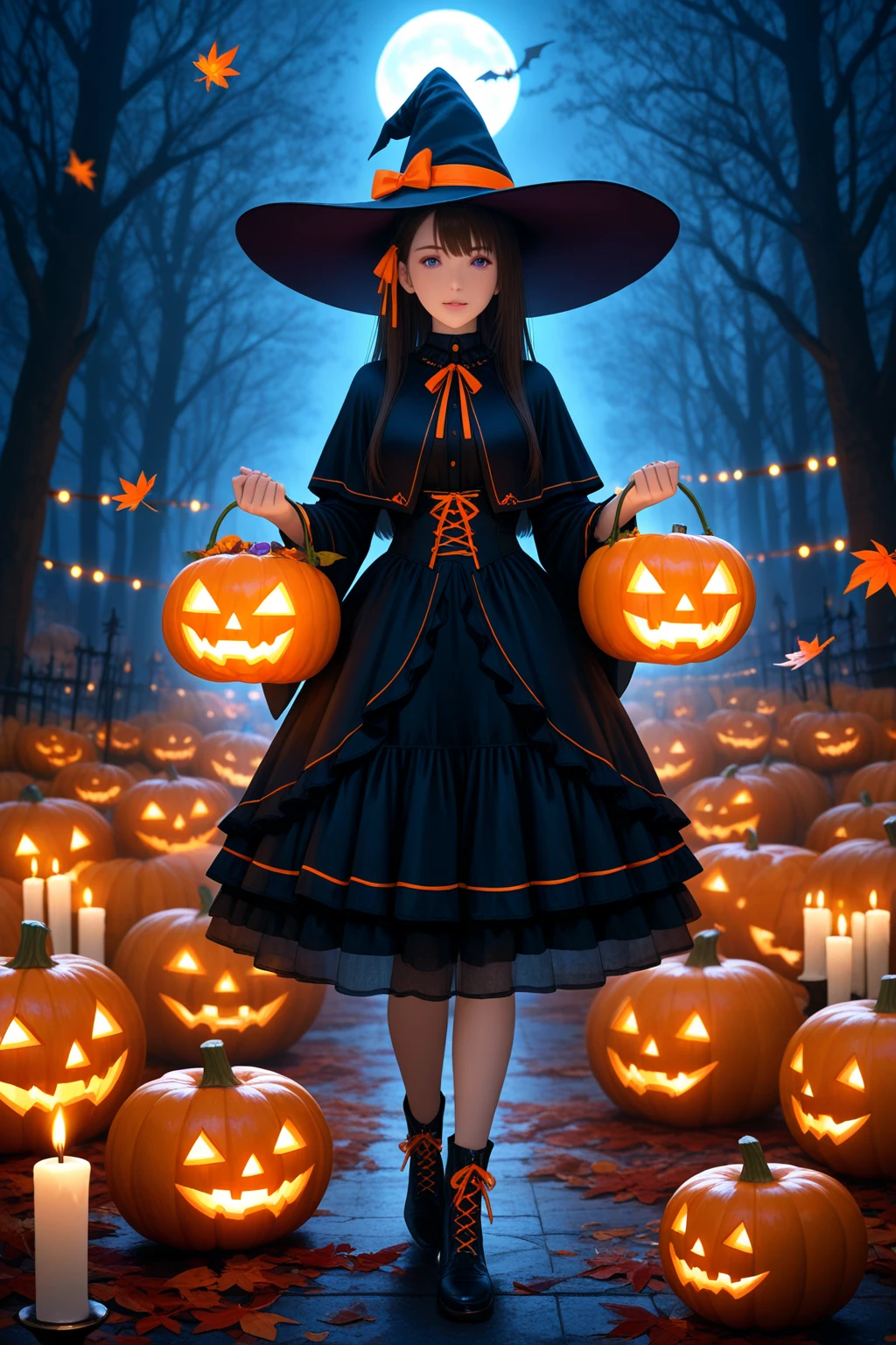 ((Highest quality)),(Ultra-high resolution),(Super detailed),(Detailed Description),((The best CG)),(masterpiece),Highly detailed art,(Art with precise detail:1.5), (Halloween:1.5),Pumpkin Lantern:1.4,( Cosplay:1.8)