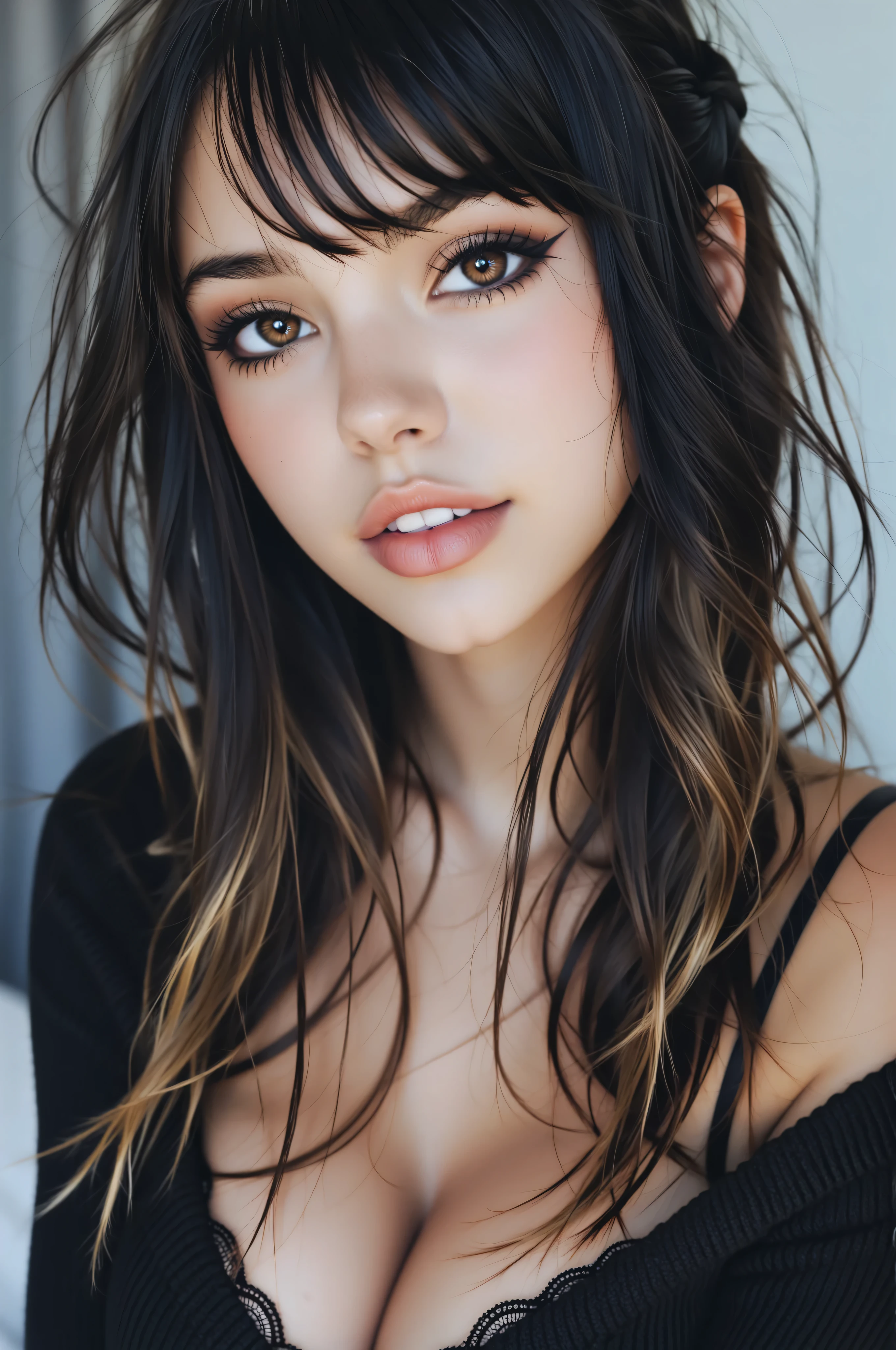 rating_explicit, score_9. score_8_up, score_7_up,  , instagram photo,  face photo of 23 y.o Chloe in black sweater, (huge breasts:1.3), (cleavage, breasts together:1.8), pale skin, dark brown eyes, winged eyeliner, (smile:0.4), hard shadows, realistic, portrait, closeup, upper body, hyperrealistic. Realistic, hyper-realistic, hyperrealistic, portrait, closeup, dark hair, french braids , (skinny:2.2) real_beauty, masha_character, (reveal pale lavender lace bra:.81)
