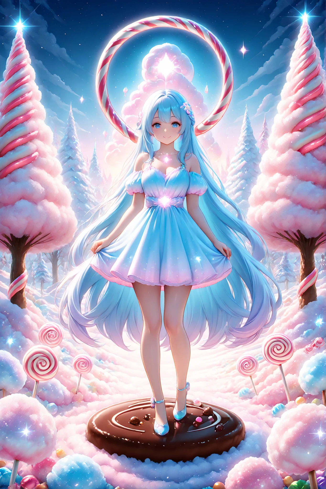 Candy Land,cottoncandy,A masterpiece of exceptional quality, vibrant and aesthetically stunning. A breathtakingly beautiful young woman standing in a magical candy forest. The landscape is made of sweets: giant candy canes as trees, glowing sugar crystals, soft chocolate ground, lollipop flowers, and pastel-colored mist. The girl has long flowing hair, gentle features, and a serene smile, wearing a delicate dress that sparkles like sugar. Warm cinematic lighting, ethereal glow, dreamy and whimsical atmosphere, ultra-detailed, masterpiece, fantasy realism, by greg rutkowski and artgerm
