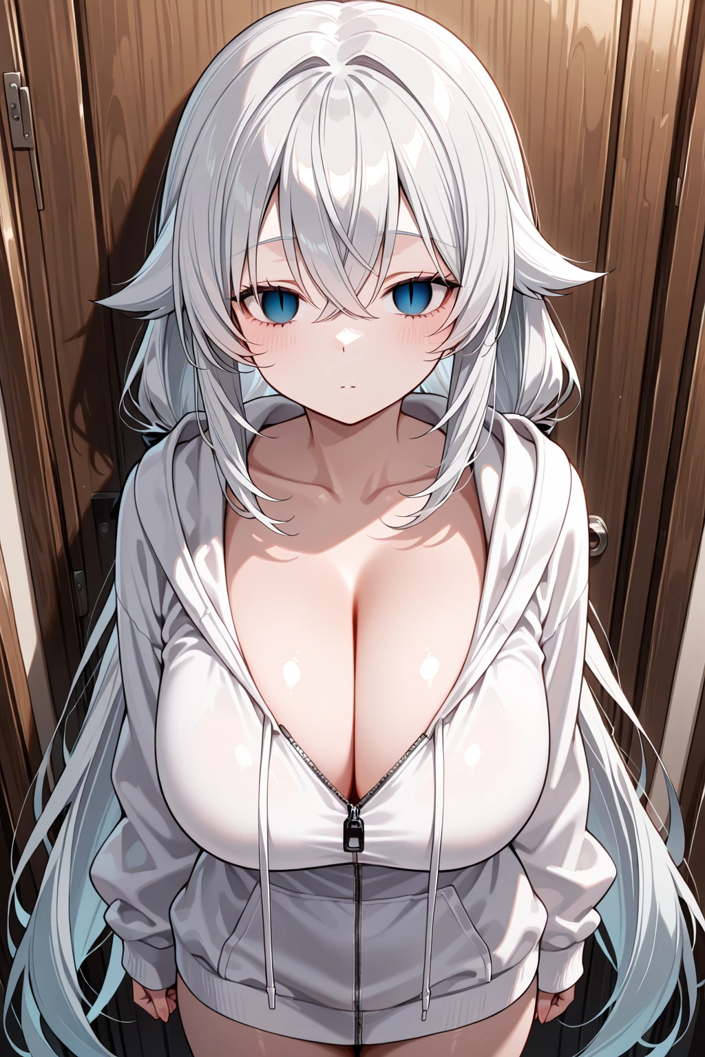 (snow girl:1.5), (little girl:1.4), (beautiful silver hair:1.3), (straight hair:1.3), (long hair:1.5), (red eyeshadow:1.5), (Big eyes:1.2), (Clear purple eyes:1.3), (droopy eyes:1.4), (Stinking eyes:1.5), (glossy lips:1.3), (sleepy look:1.4), (shiny skin:1.4), (exquisite female body:1.5), (beautiful clavicle:1.3), (well-shaped :1.5), (white ainu folk costume:1.5), (I can see the cleavage:1.5), (press your  together:1.5), (face close up:1.3), (Only the upper body and head can be seen:1.5), (Diagonal angle:1.4), (High resolution:1.2), (highest quality:1.2), (8K:1.2),