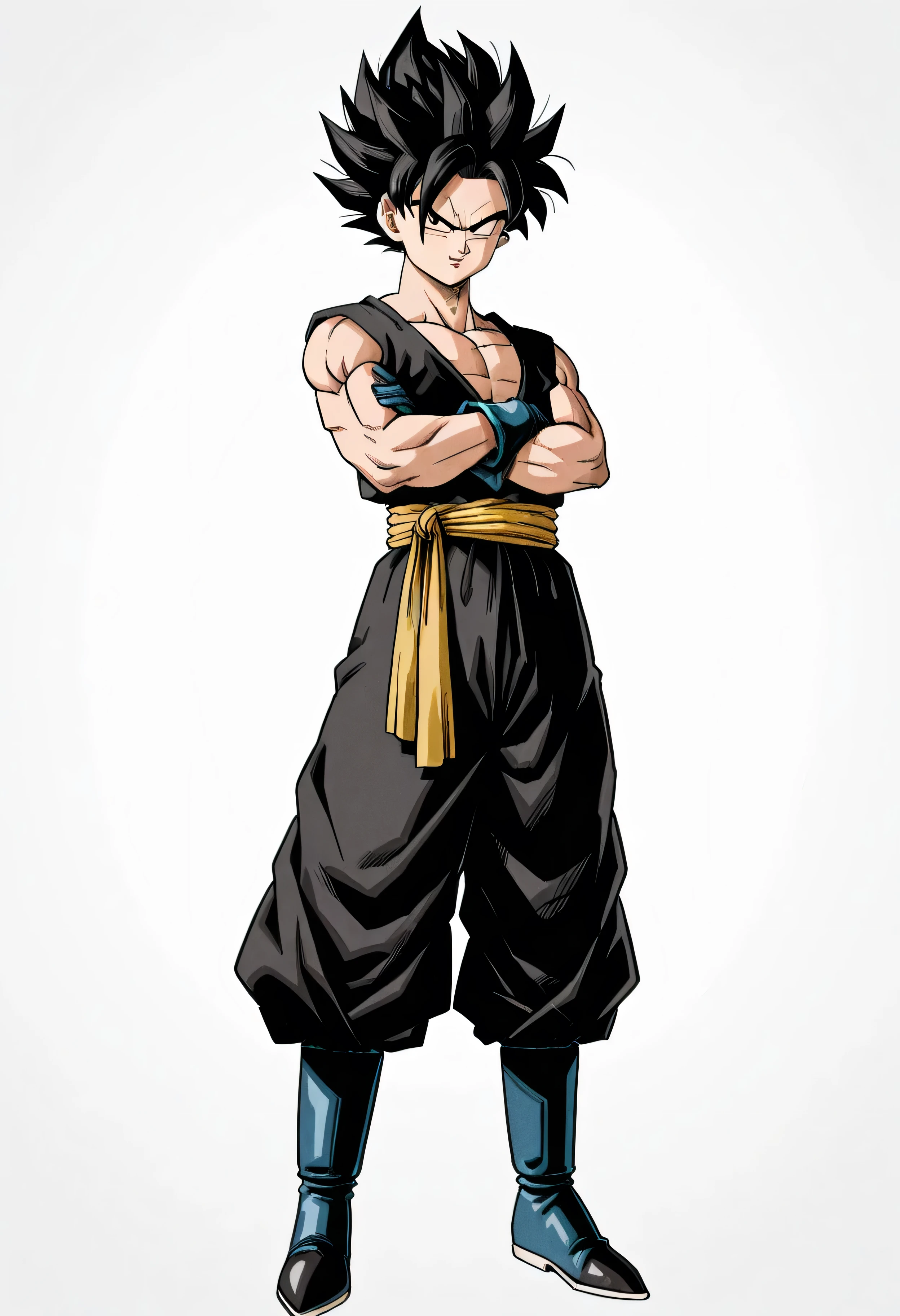 It's man. A close-up of a person standing with their arms crossed, wearing a martial arts-style outfit inspired by classic anime fighters — sleeveless top with a wrap belt and loose pants, all in a sleek black color with subtle metallic accents. The outfit has a futuristic Saiyan twist, combining tradition and power. The character wears lightweight armored boots and gloves that match the outfit. This is a full-body shot of an original Saiyan warrior, in the style of Akira Toriyama, with anime influences from Bravely Default II and Black Clover. The character’s hairstyle is unique — spiky and dynamic like a classic Saiyan, but with a soft front fringe that gives him a calm, determined look. He stands in a cosmic setting, ready for battle