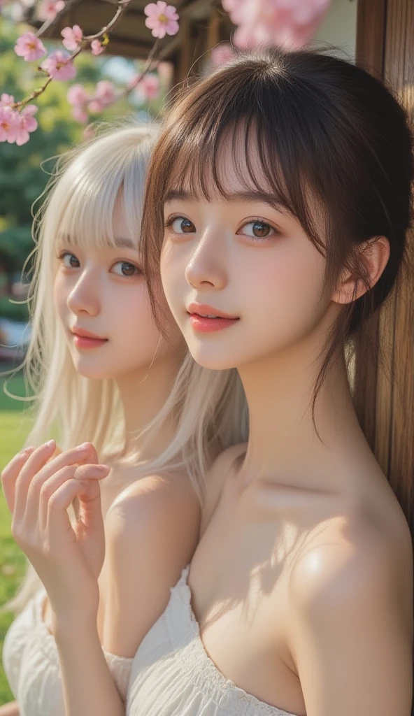 (4 Girls), Indonesian baby face, 12 years, white skin, Round , blue eyes, meadow, silver hair, 8K, The details are very realistic..., There is a lot of light..., The best of photography Wear a jeans skirt... (, , , (((round )))