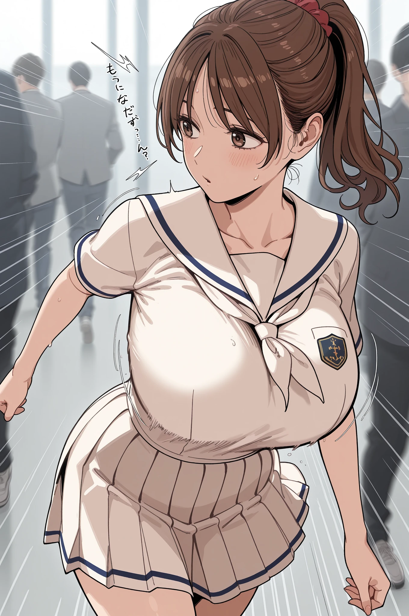 (shibafu style, ooi_\kantai_collection\), kancolle, (()), , masterpiece, rainy, shipyard, solo, 1 girl,  , , navel,  breasts,  stomach, sweaty, cowboy shot, large breasts, outdoors, holding umbrella, raining, collarbones, gray sky, cloudy, slim waist, brown hair, detailed eyes, beautiful eyes, wet, brown eyes, sea, blushing, open mouth, skirt, shy
