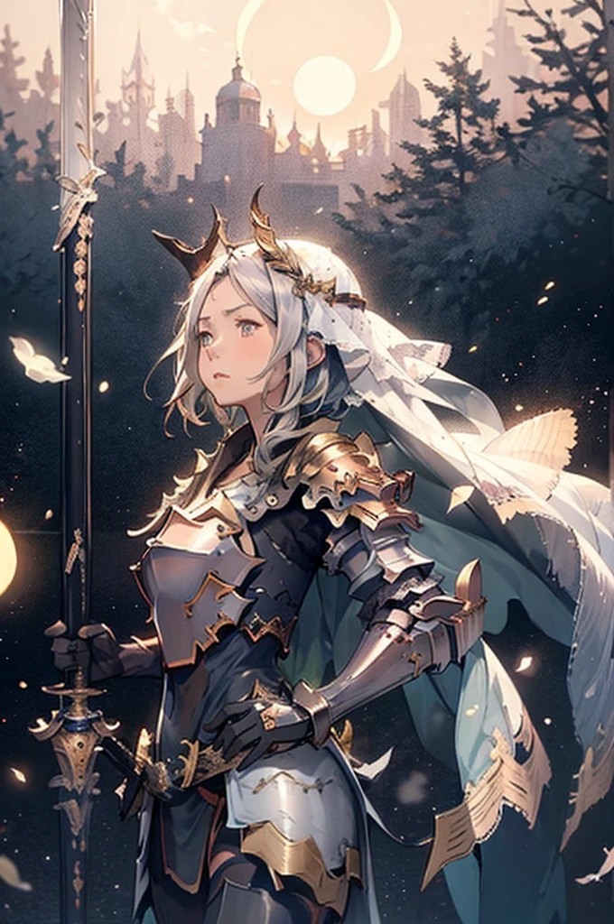 A woman in armor holding a sword in front of a dark background - SeaArt AI