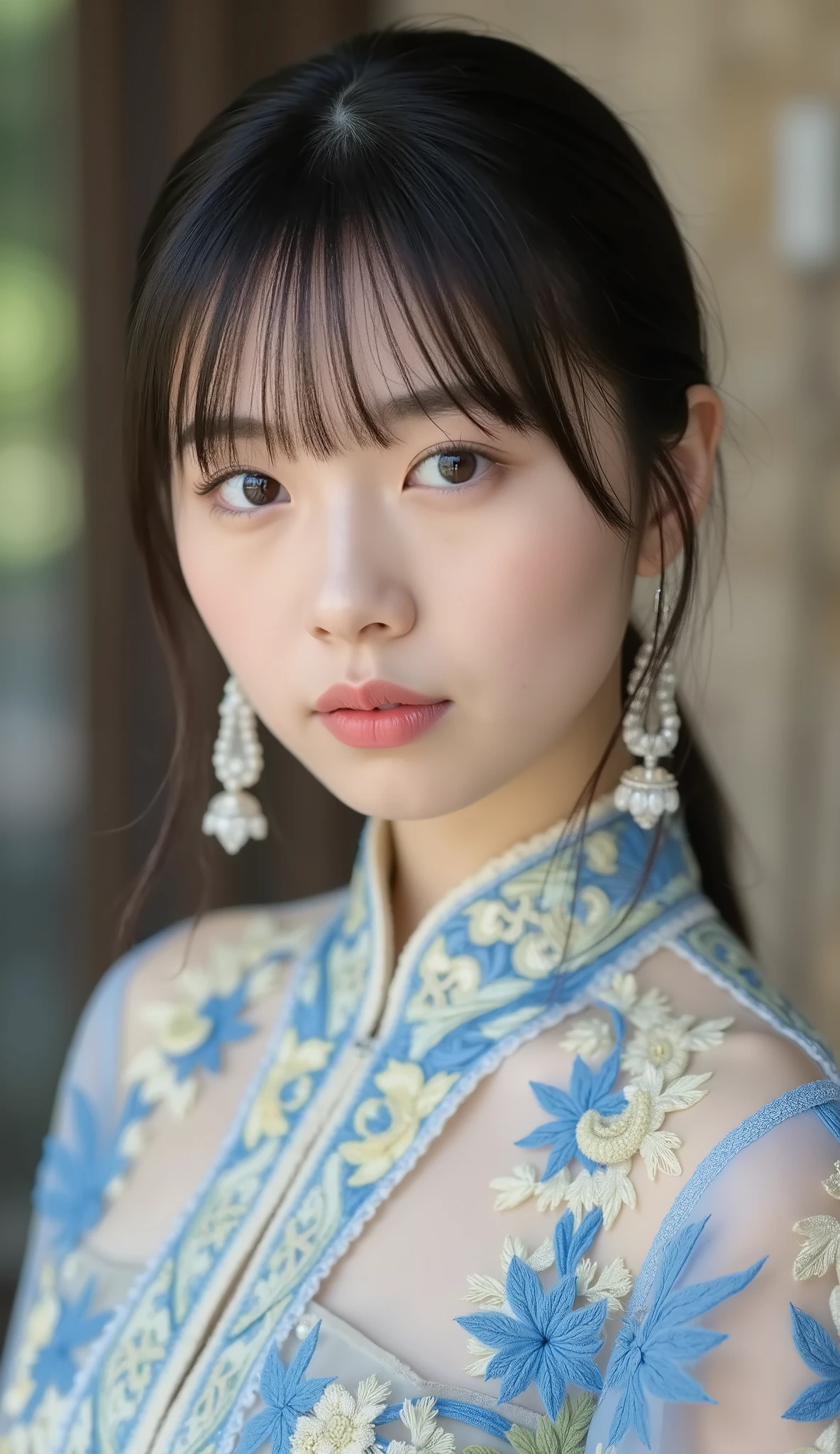 8k、Ultra Precise Rendering、Pictureの品質、 Top quality , Picture, detail eyes、 intricate details ,RAW Picture、natural makeup、Sparkling eyes、cute face、、very white skin、thin waist、blue daffodil, with elaborate and detailed embroidery all over , to reach the climax、Angle to knee、 medium full shot from an oblique front、blue daffodil、 Vietnamese National Clothes ,カメラ目線、無表情、口を閉じている