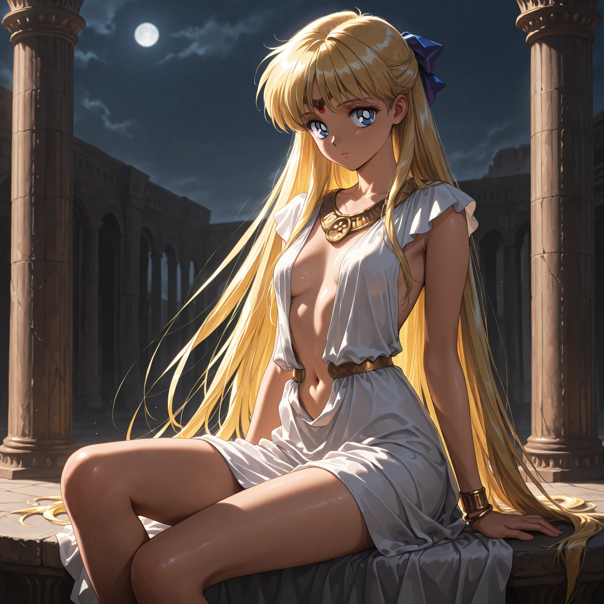masterpiece, amazing quality, best quality, ultra-detailed, 8K, illustration, ultra-detailed-eyes, soft skin, very awa, very as2, soft body, 1990s \(style\), official art, ainominako, blonde hair, blue eyes, hair bow, half updo, long hair, small breasts, night, solo, looking at viewer, navel, jewelry, sitting, white casual dress, bracelet, ancient rome, bare legs