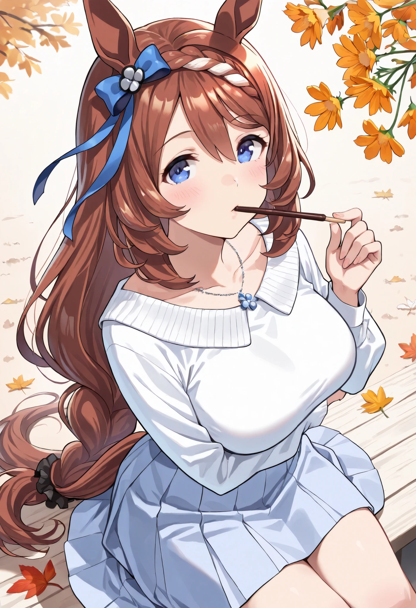 (masterpiece, best quality, perfect face:1.4), wide angle, super creek \(umamusume\), horse ears, ear ornament, horse tail, tail on the lower back, proportional body, proportional, beautiful hair, beautiful face, beautiful detailed eyes, beautiful clavicle, beautiful body, beautiful chest, beautiful thigh, beautiful legs, beautiful fingers, looking at viewer, BREAK, Silver necklace, formal fall attire , Long sleeve shirt, skirt, Pocky, Pocky Kiss, Hold up the Pocky, Pocky game:1.3, Outdoor, autumn leaves of trees , flowers blooming in the garden in the fall season, Cosmos, BREAK, Her mouth opens slightly, Smiles spill out, textured skin, realistic skin, HDR, BREAK, (perfect hands, perfect anatomy),