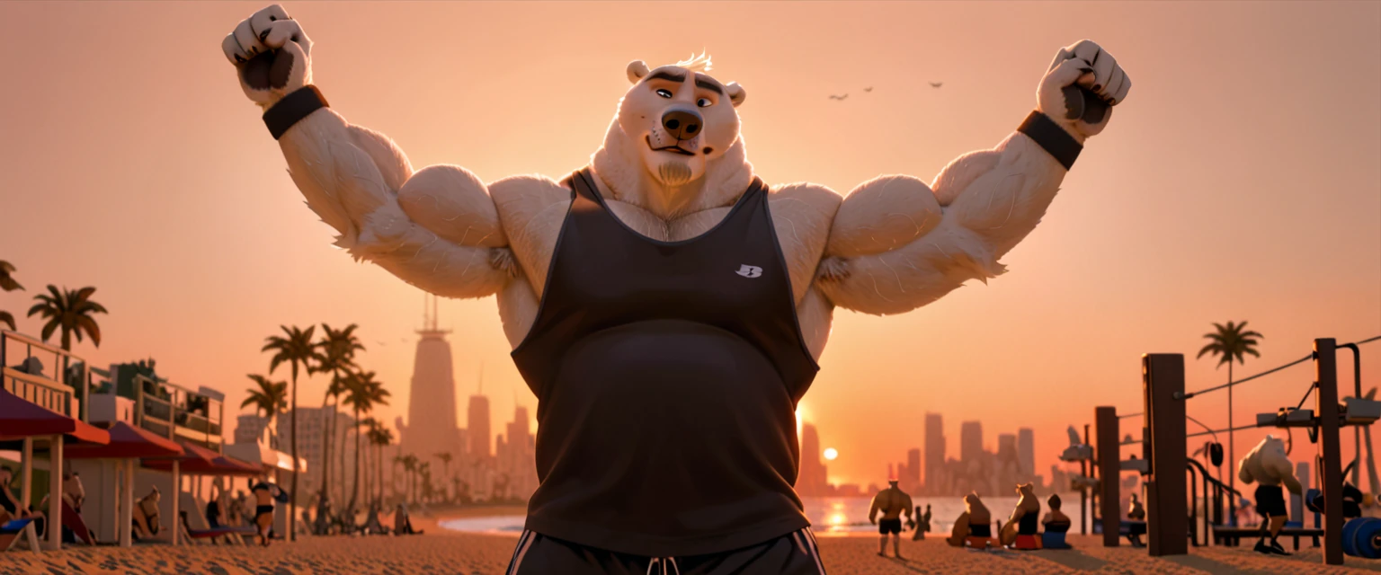 New Jersey 5 Hairy,polar bear，Full body portrait of an individual,exquisite， chubby，Fat，thick arms，Rugged muscles， from the waist down，White plush fur，chubby脸，black eyebrows，sky blue eyes，black pupils，beard，Soaked shorts，yacht，sit down，Enjoy the scenery，Smile
