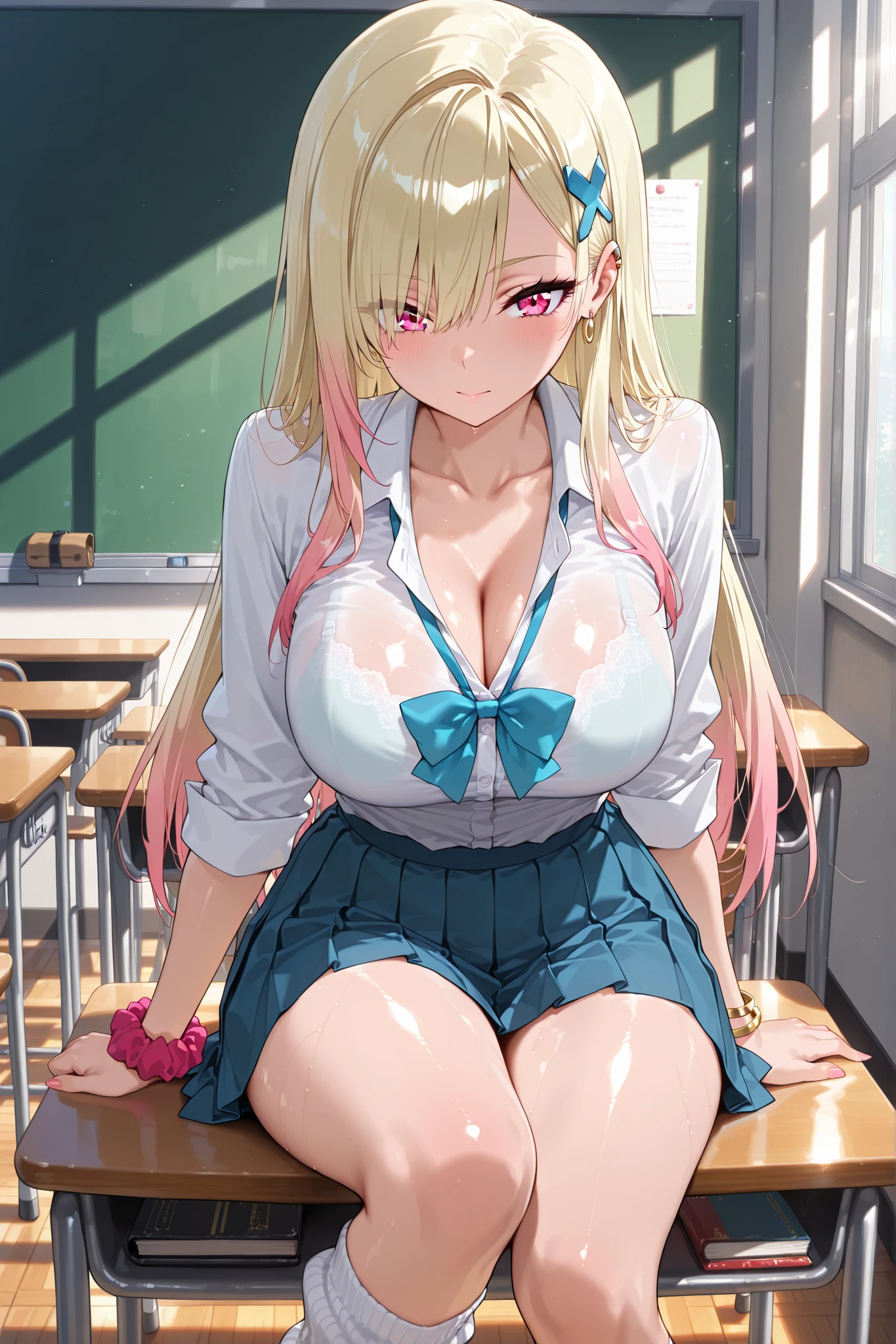 (masterpiece, Highest Quality, Ultra High Definition , very detailed ,SUPER DETAIL SKIN,beautiful detailed eyes, high definition,8k, super beautiful CG), Extremely elaborate anime style [Illustration]s , Japanese Anime Style , shiny skin,Gal, clear pink eyes, pink gradient blonde hair, long hair, collarbone, bow, loose bowtie, white shirt, collared shirt, long sleeve, bracelet, Wrist Scrunchie, blue skirt, pleated skirt,bra visible through clothes
白い靴下, white loose socks, Heisei-era gal, classrooms