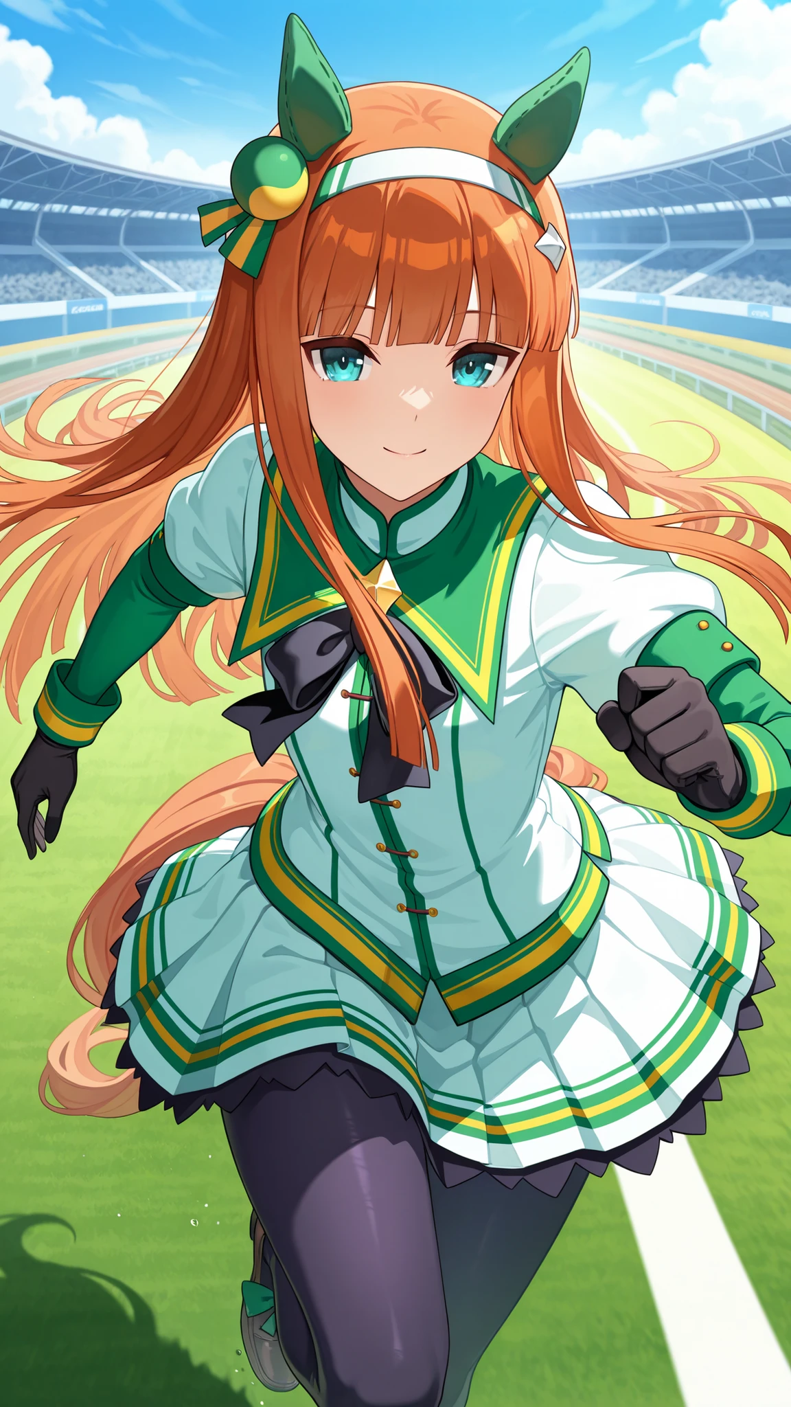 masterpiece, blooms alone, Source Anime, 1 girl, Silence Suzuka, long hair, Dark Orange Hair , Dark Blue Eyes, Green Horse Ears,  has a tail , headband, medium chest, , put on a white short-sleeved shirt, Black bow tie , Put on a green sleeve, with black gloves, Wear a white hoof skirt,  pantyhose, running, smile, racing track background, close-up, high-angle image