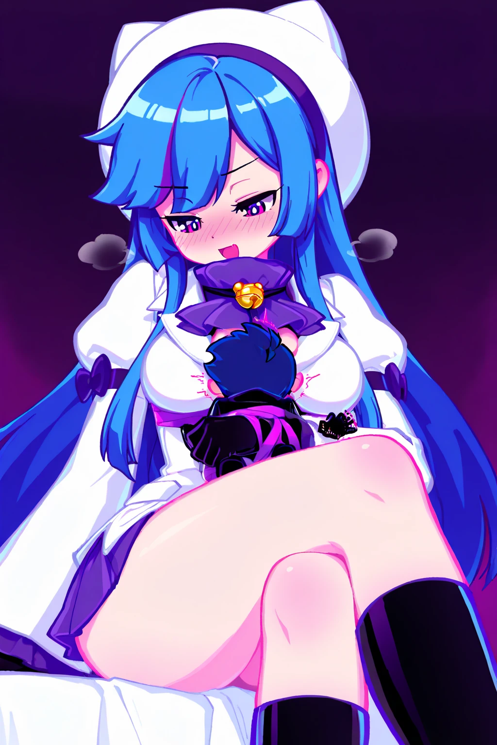 score_9, score_8_up, score_7_up, Expressiveh, masterpiece, best quality, highly detailed, realistic, (zPDXL3), 1girl, 1boy, ((SFRBaaki, shadowy figure, shadow body,  shadow face, shadow, dark, glowing eyes, red eyes, no pupils), (UsadaPekora, rabbit ears, two-tone hair, blue hair, white hair, long hair, twin braids, big breasts),  looking at viewer, black background, pink aura, background, uncensored, (pov, male pov, dark-skinned male, african male, interracial, motion lines, dominant female), cowgirl position, vaginal, vaginal penetration, sex, penis, ((peace sign, sillouette))