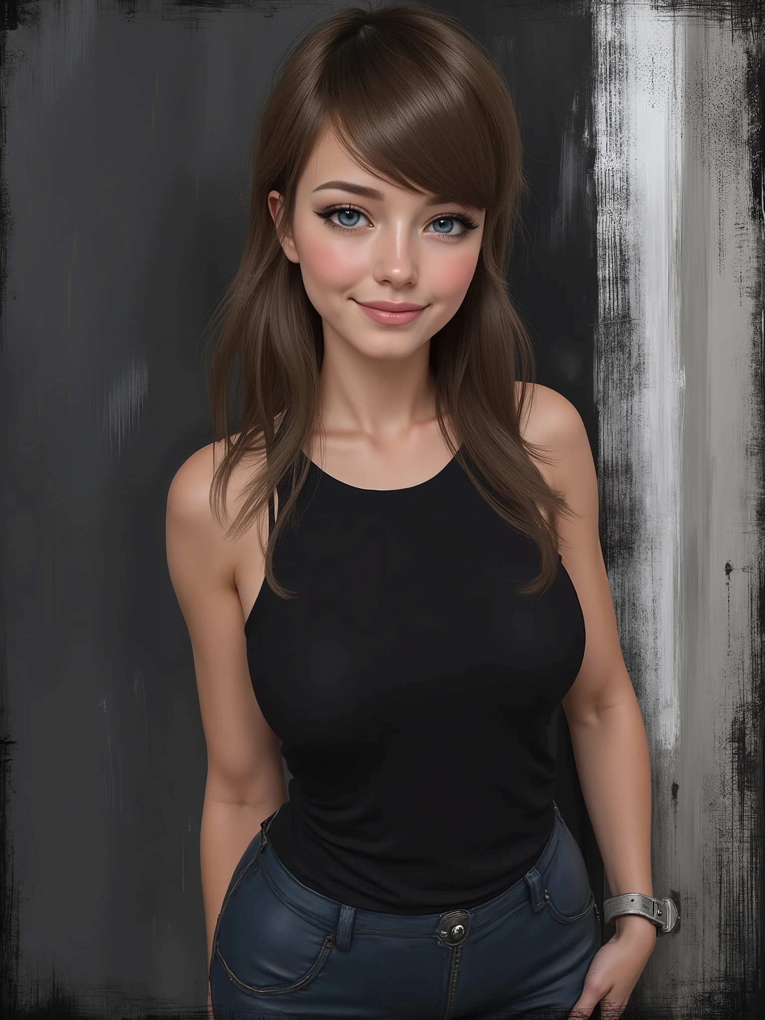 sketch painting, marinette Dopanchan, A very beautiful and cute 22 year old woman with a slight smile. (((Shy smile))), sharp focus on the face, (((Western eyes:1.5))), (((Extremely detailed ice-blue eyes, beautiful eyes, beautifully detailed eyes))), (((delicately detailed thin pink lips))), (((long hair, shiny hair))), (((black medieval steampunk style sleeveless t-shirt))), (((Dark Blue medieval steampunk style leather warrior pants))), (((full body view, dynamic pose, standing:1.5, graceful pose))), (((The background is Dark Gray and painted with expressive, visible textures using dynamic brushstrokes and strokes that add depth and movement. The paint covers only the area just behind the subject. The outer edges of the image with black margins, as if the background had been painted with a brush and with expressive and visible textures using dynamic brushstrokes and strokes fading toward the edges creating a modern and artistic vignette effect))). Cinematic lighting, soft depth of field, (((masterpiece/high resolution/Best Quality/top quality/high quality/UHD/16k quality))), sharp focus, no blur, film grain, bokeh.