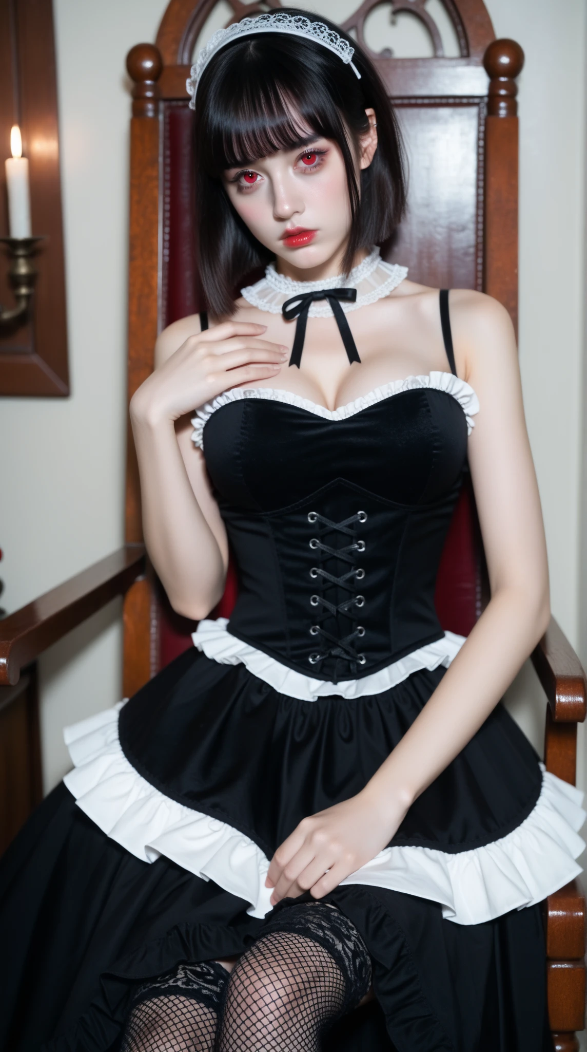 (8K, Photorealistic, Raw photo, of the highest quality: 1.3), (1girl in), Super beautiful, (Realistic face), (boyish, Silver Color Berry Shorthair), Beautiful , Glare that captivates the viewer, Beautiful expression, Beautiful breasts, (Realistic skin), Be...Super high quality, super high definition, super detailed, masterpiece, 20years old, female, cute, perfect face, beautiful, nice body, gothic lolita clothes, gothic lolita fashion, frilly skirt, headdress, necklace, bracelet, knee-high socks, boots, double eyelids, tear bags, Detailed down to the fingers, photo-like description, indoors, dim indoor lighting, blonde hair, short bob, standing, whole body, composition that shows the whole body, smiling