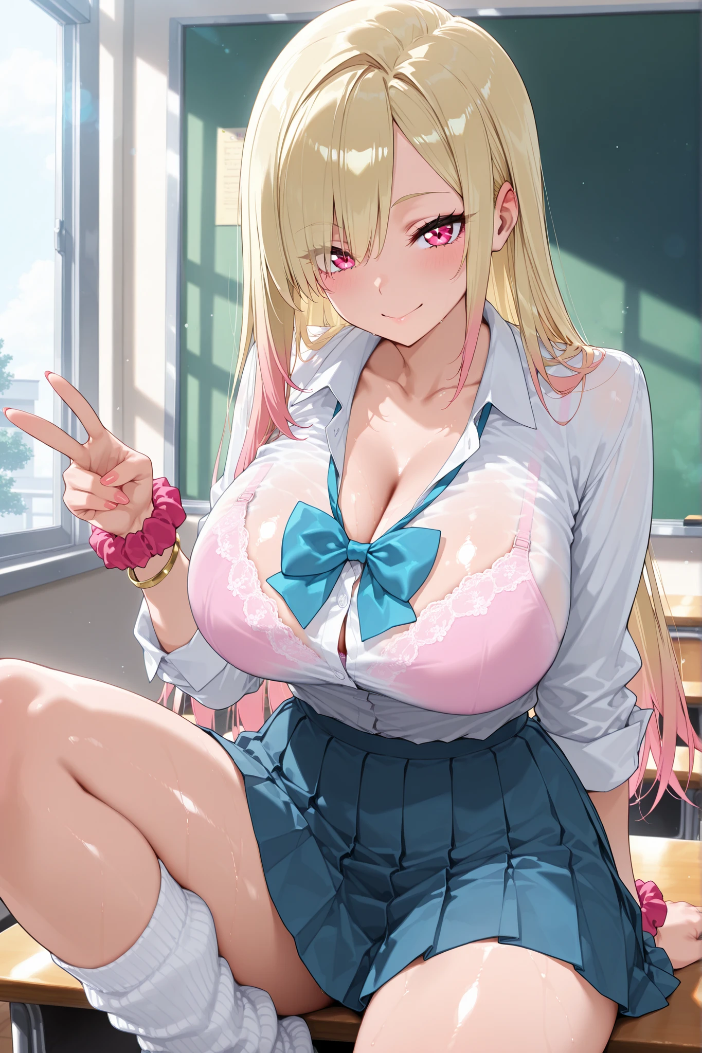 (masterpiece, Highest Quality, Ultra High Definition , very detailed ,SUPER DETAIL SKIN,beautiful detailed eyes, high definition,8k, super beautiful CG), Extremely elaborate anime style [Illustration]s , Japanese Anime Style , shiny skin,Gal, clear pink eyes, pink gradient blonde hair, long hair, collarbone, bow, loose bowtie, white shirt, collared shirt, long sleeve, bracelet, Wrist Scrunchie, blue skirt, pleated skirt,bra visible through clothes
白い靴下, white loose socks, Heisei-era gal, classrooms
