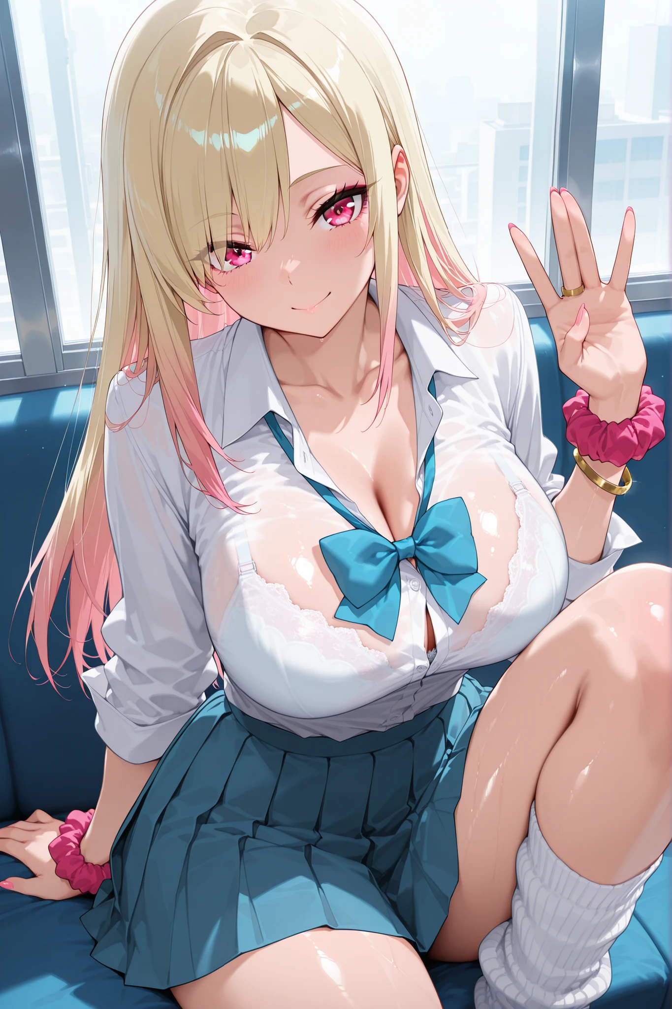 (masterpiece, Highest Quality, Ultra High Definition , very detailed ,SUPER DETAIL SKIN,beautiful detailed eyes, high definition,8k, super beautiful CG), Extremely elaborate anime style [Illustration]s , Japanese Anime Style , shiny skin,Gal, clear pink eyes, pink gradation blonde hair, long hair, collarbone, bow, loose bowtie, white shirt, collared shirt, long sleeve, bracelet, Wrist scrunchies on one arm, blue skirt, pleated skirt, white socks, white loose socks,bra visible through clothes, white bra, Heisei-era gal