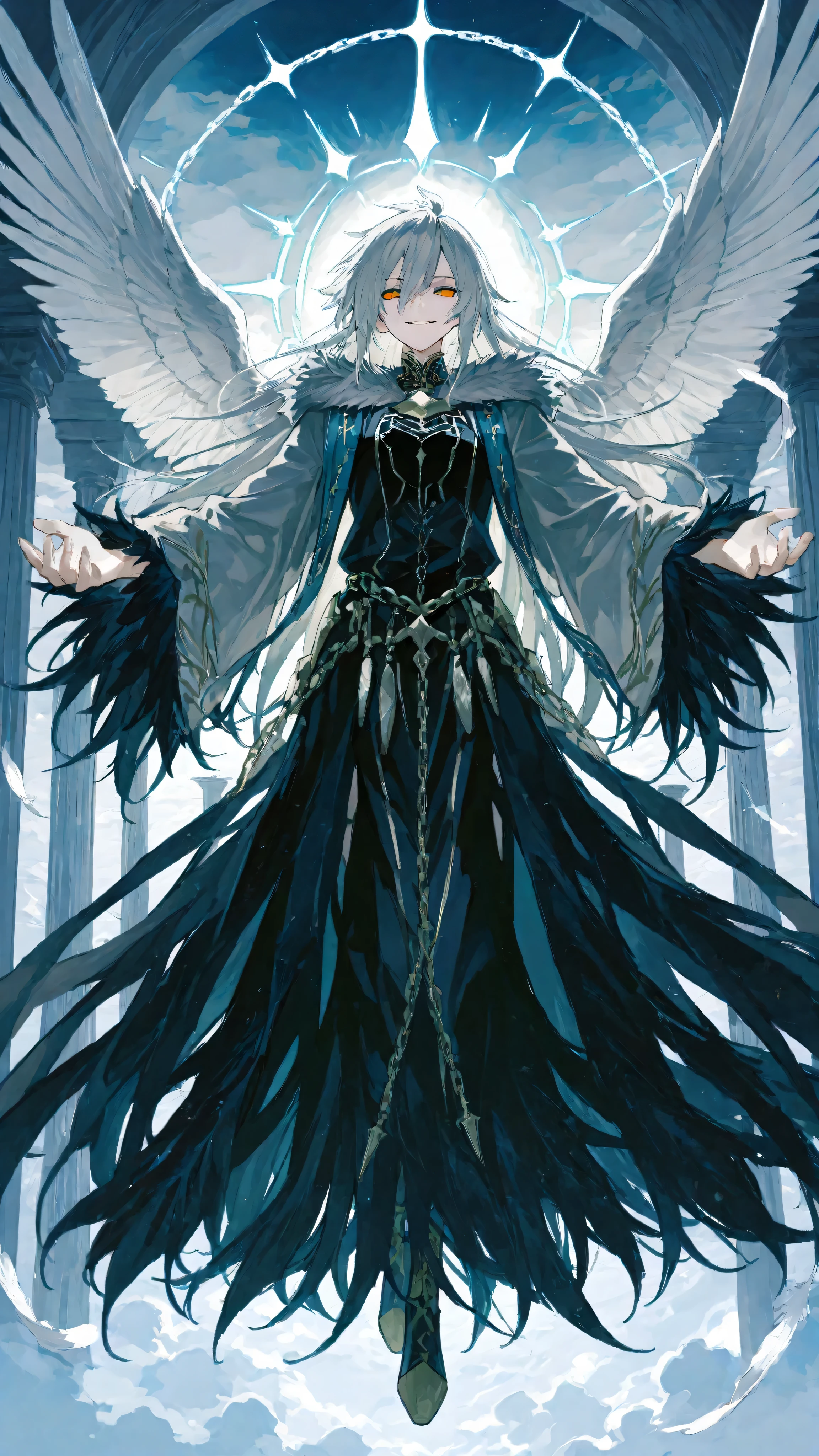 Pillars of Light sticking out from the sky godの箱庭 Angel Floating in the Middle Sky Holy Angel Flying Down from the Sky of White Clouds A female angel (Black Tsubasa) Spread your arms wide (White Feather Robe) god々Shiki Circle Chain of Reincarnation Spells Aura oozing from Female Angels Fearless Smile from obliquely below