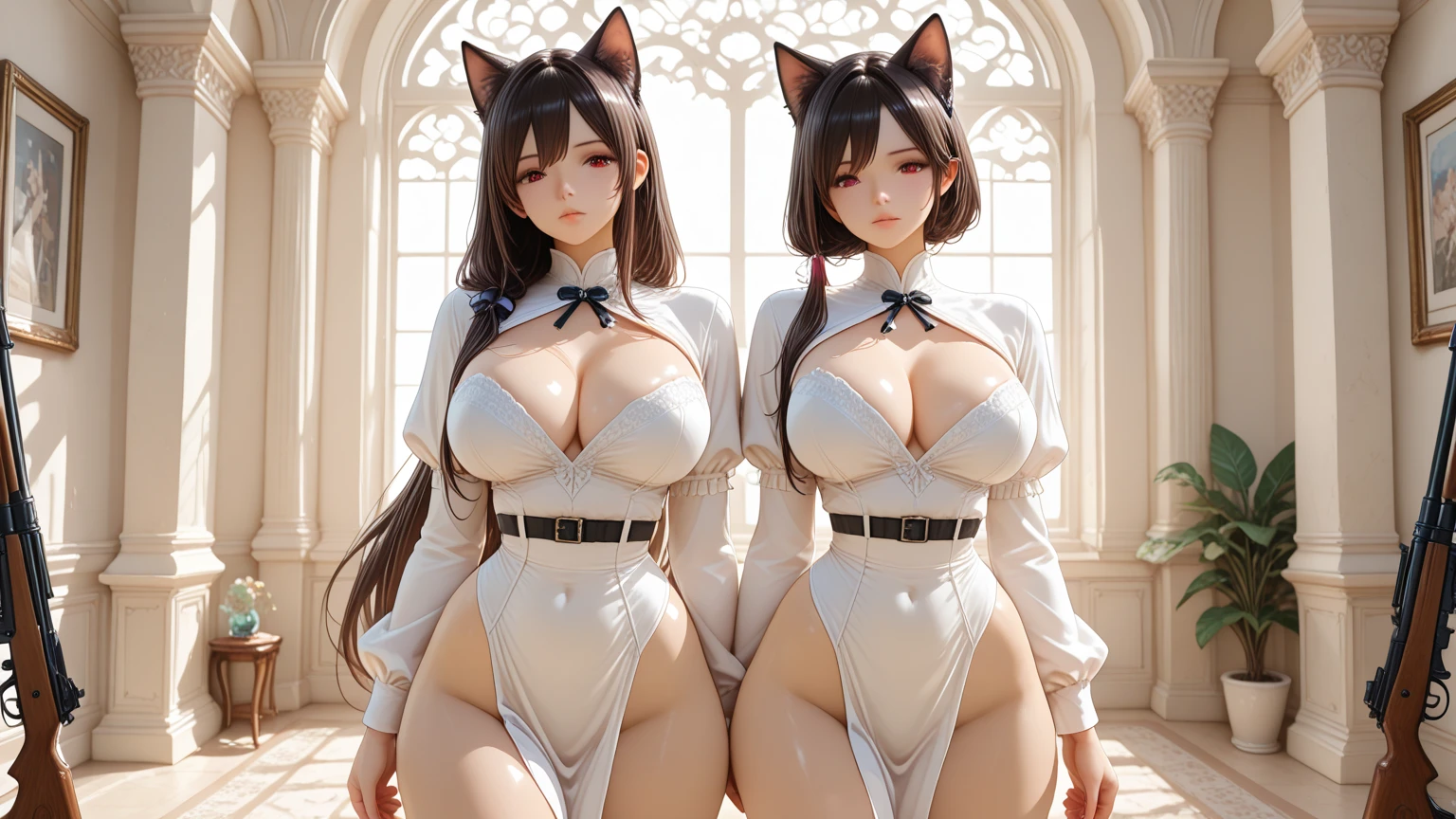 （tmasterpiece））， （（best qualtiy））， （ultra - detailed）， （（kawaii））， adolable， （adolable）， （（The is very detailed））， 4K， （8K）， best qualtiy， （??????????? beautiful）， full bodyesbian， Teenage uncensored， 独奏， （（gigantic cleavage ???????））， （（Sagging ???????）））， Armpits， （（curves））， mikuru1， 1girl， Asahi Nami Kuru， double tails， 独奏，big cleavage ???????， aprons， Fluffy short sleeves， （Name label：0.9）， long whitr hair， ??????????? corset， Waitress， White apron， Wrist cuffs， Pink dress， frilld， By bangs， maidennurse， ribbons， From the side Side，cocking the ????????， on top of the bed