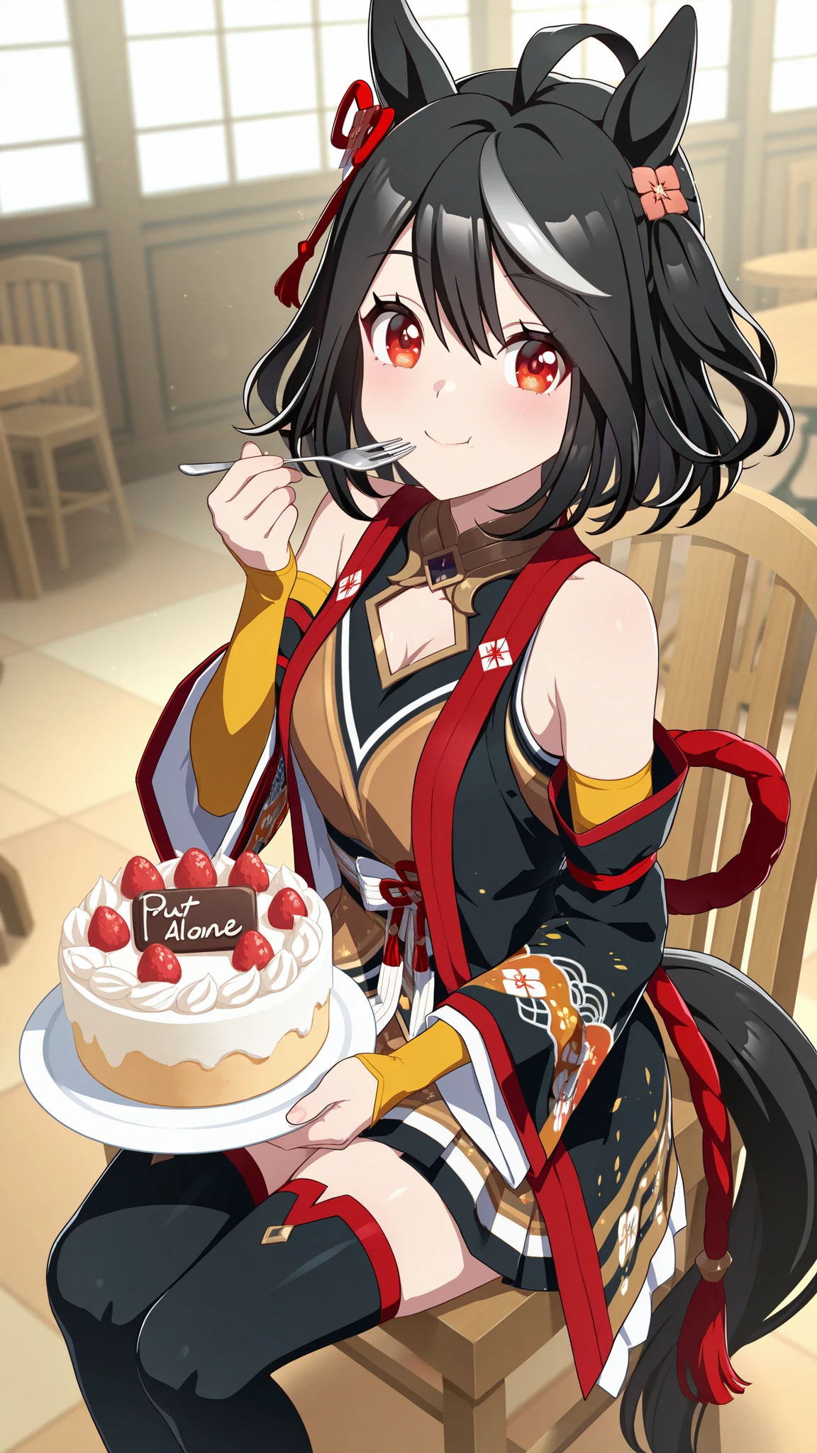masterpiece, blooms alone, Source Anime, 1 girl, Kitasan Black, short hair, completely black hair, , dark red eyes,, Horse ears, has a tail , hair jewelry, medium chest, put on yellow armbands, Wear black armbands, Wear yellow hoof skirt,Put on black armbands, sitting on a chair, smile, Eating cake , Cafe background, close-up, high-angle image