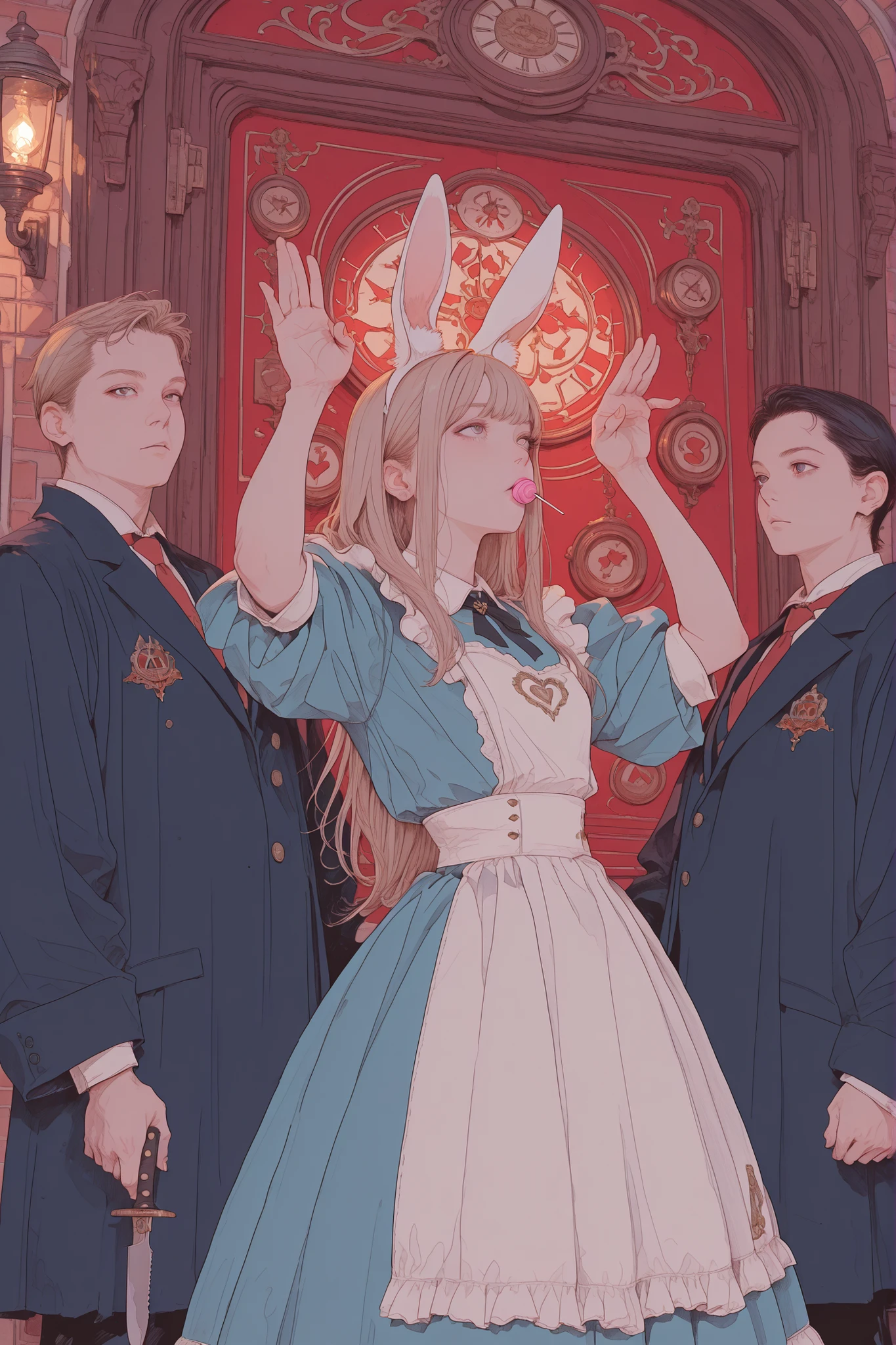 High Quality, Masterpieces, ultra high definition, Alice style blue dress and white apron holding a candy-shaped knife, has a knife, Classic Alice's Outfit, , Chaotic Atmosphere, Fantasy Elements, Dreamy lighting, Strange Props with Detailed Drawings、Candy Heist、Alice's eyes are red、The rabbits and cats in Alice in Wonderland、Bunny ears、flat chest、bold pose、outdoors、holding candy is scattered、 Cheshire Cat、Trump Soldier、Bank of Kandy、Inside the bank 、