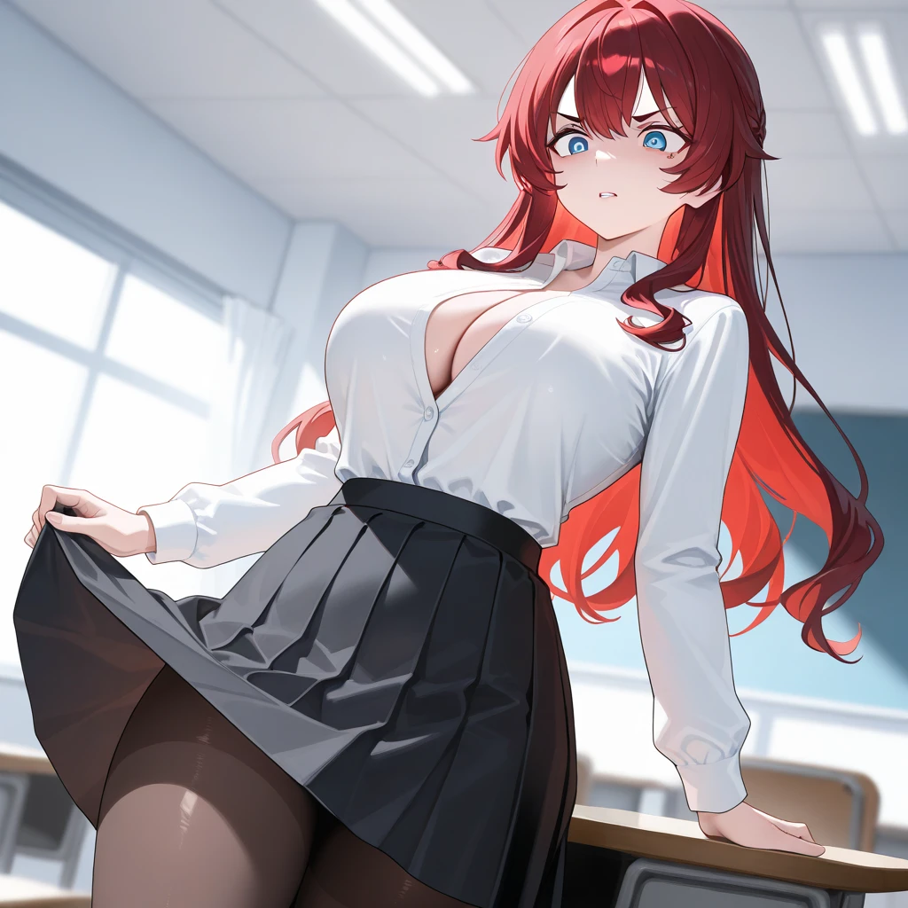 A beautiful female teacher, detailed realistic face, white shirt, short black skirt, thigh-high socks, redhead, long hair, red eyes, cat ears, standing, classroom setting, ??????