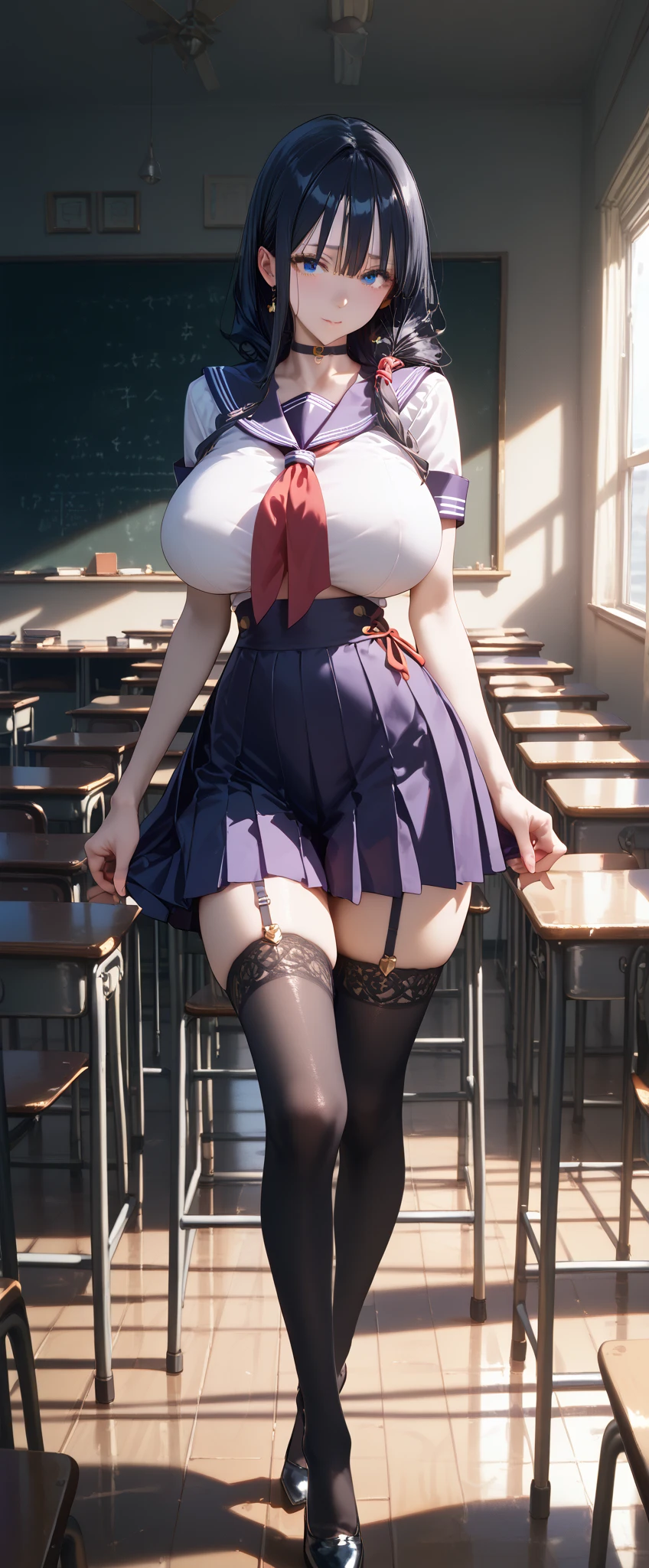 jill valentine, white  with lace, sunset classroom of school, fluttering hair, ponytail, long wavy hair, long curl hair, thick thighs , ( :1.2), long eyelashes, eyeshadow, blush, gentle smile