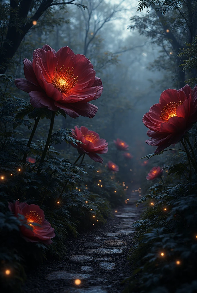 Gothic garden, beautiful large flowers with touches of gold, fireflies, 8K, Super sharpness 