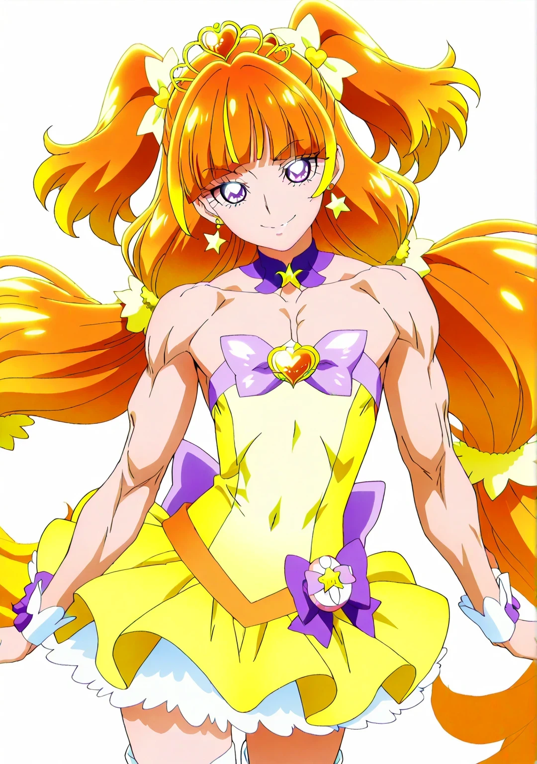 傑作、best quality、best resolution、best image quality、amazing quality、 very aesthetic、 absurdres、anime coloring、anime screencap、anime screenshot、1boy、cure twinkle is a boy warrior、(male:1.6)、official anime style、boy is wearing a yellow strapless dress、orange brown haired boy、official art、solo、long hair、orange hair、low tied long hair、multicolored hair、brown hair、two tone hair、gradient hair、streaked hair、blunt bangs、high short twintails hair、low two side up hair、quad tails、tiara、golden hair accessories、official art style、Jewelry brooch、muscular and strong、white boots、yellow mini dress、sexy、official anime artwork、thigh boots、strong muscles、yellow tutu skirt、purple bow、yellow bow、anime screencap、sparking magical boy、sexy atmosphere、purple puffy mini skirt、layered skirt、ultra mega super hyper sexy、purple puffy mini skirt underneath yellow tutu skirt、男性的で筋肉質、official artwork、anime prince、purple eyes、official anime artwork、muscular man、wrist cuffs、purple bow tie、orange belt、collarbone、trapezius、covered midriff、covered abs、covered navel、 covered stomach、upper pectoralis major、covered pectoralis major、flat chest、biceps、biceps long head、biceps short head、triceps、triceps medial head、triceps lateral head、triceps long head、deltoids、anterior deltoids、middle deltoids、posterior deltoids、thigh muscles、semitendinosus muscles、covered hamstrings、covered adductor magnus muscles、official anime art、bare shoulders、bare arms、bare bare thighs、anime lewd boy、anime sexy boy、anime bratty boy、anime provocative boy、(manly:1.6)、yellow strapless dress、sexy boy、cool boy、adult boy、lewd boy、bratty boy、provocative boy、white thigh high boots、naughty smile、lewd smile、provocative smile、bratty smile、sexy male、heavenly aura、galaxy aura、lewd male、perfect body、perfect hands、perfect legs、male focus、looking at viewer、cure twinkle outfit、cowboy shot、(male body:1.6)、official style、(manly face:1.6)、official art、orange background、purple background、gradient background、two tone background、multicolored background、