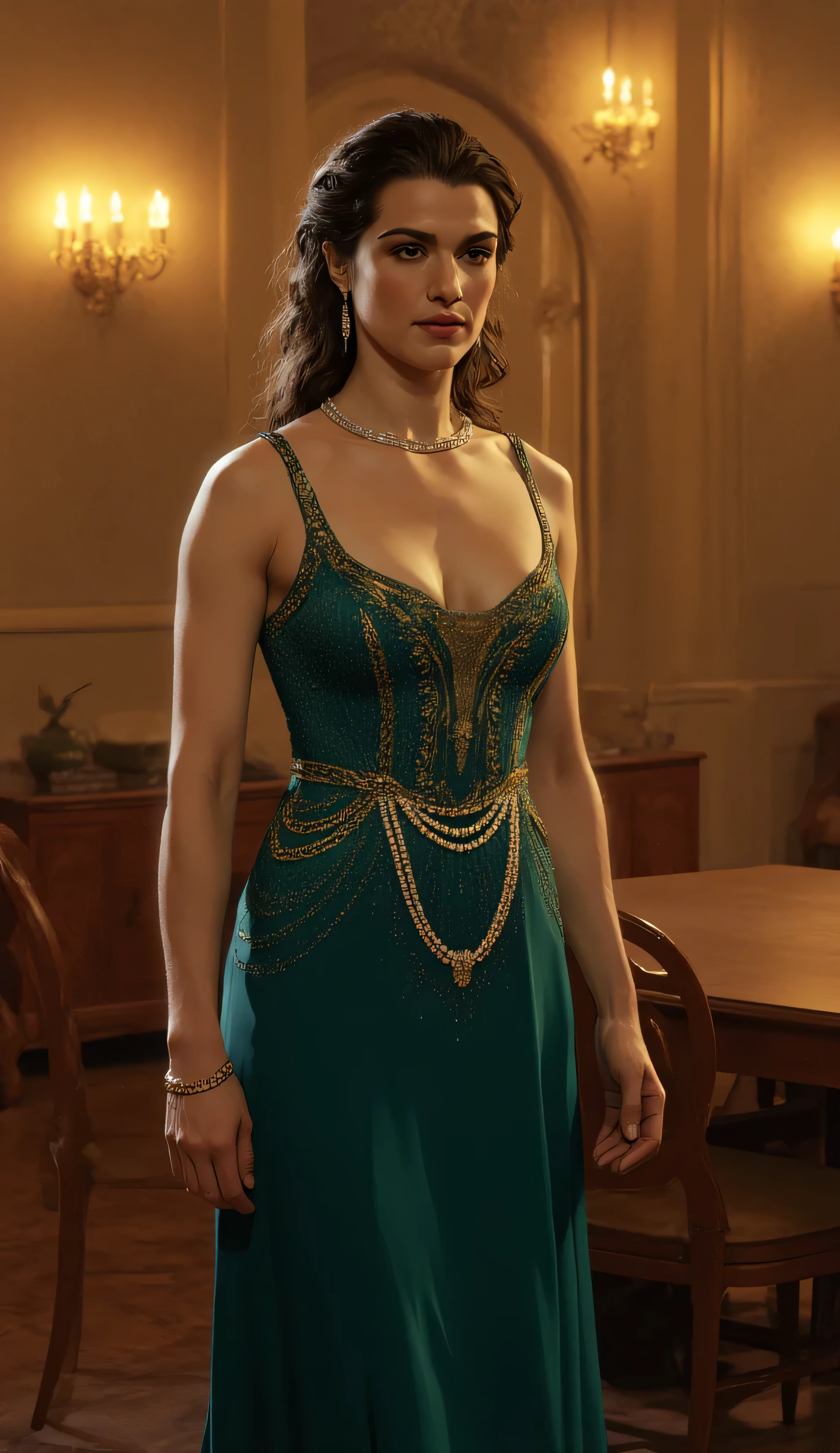 Rachel Weisz as Neve Gallus, Dragon Age, glamorous fantasy illustration, full body view, confident, elegant art-deco interior, warm golden lighting, wears a deep-teal sleeveless evening gown, intricate gold embroidery, pearl chains around her waist, deep-teal earrings, calm intelligent and slightly mysterious expression, luxurious wooden furniture, chandeliers, soft wall lamps casting a golden glow, realistic anatomy, sharp focus, cinematic composition, detailed textures, semi-realistic fantasy art style, smooth lighting, refined elegance