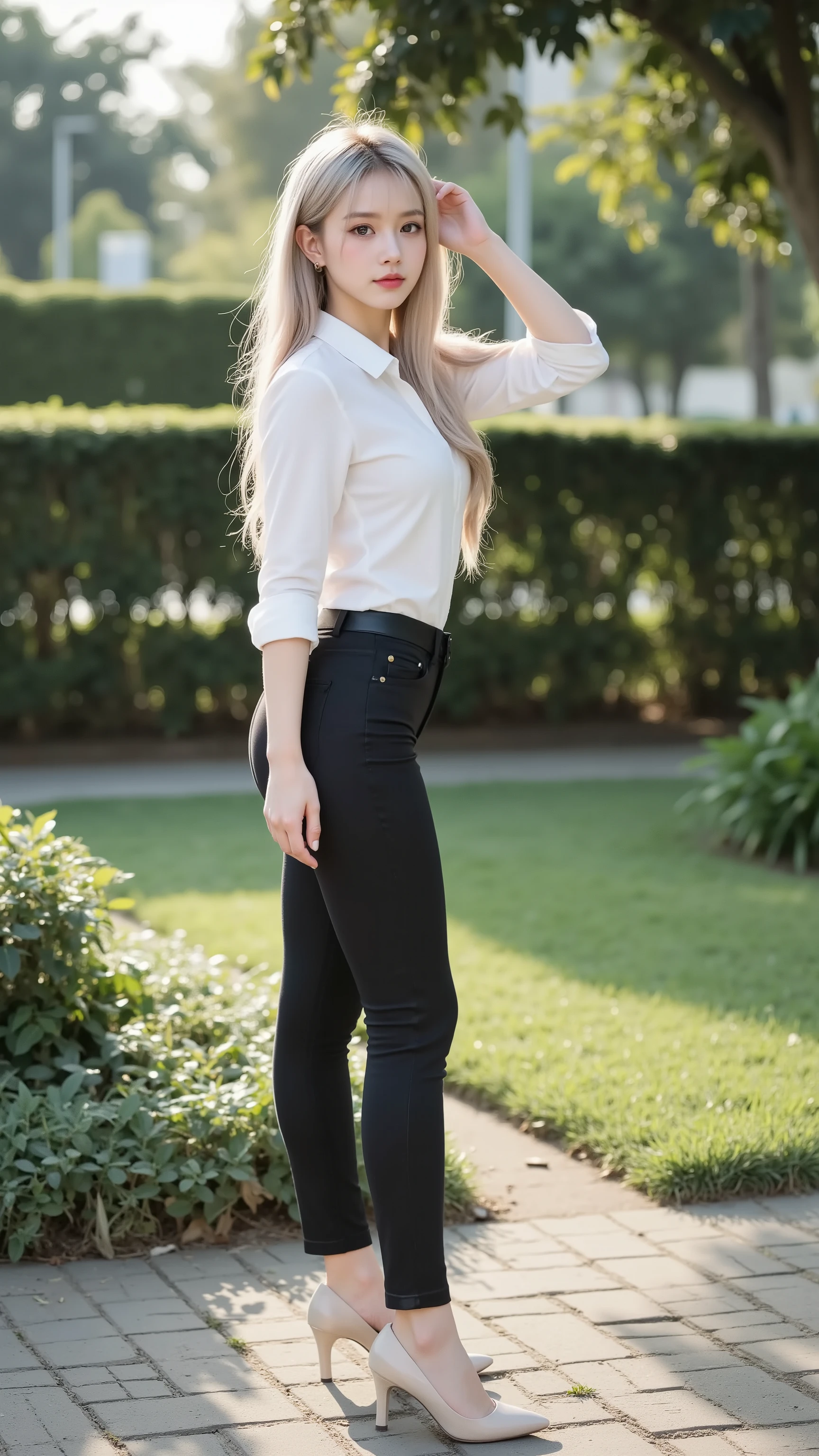 a woman in a white shirt and black pants posing for a picture, cute and elegant pose,  attractive girl with long blonde hair, Tight clothing, graceful pose, ((Shy Shop Girl,  nice butt)), ((Beautiful Breasts, Upward bust)), (model body type:1.3), tight clothes, wearing black form-fitting clothes, slim waist and thick hips, A giraffe woman with a beautiful well-groomed butt, black pants, Elegant girls in urban attire、Highest Quality、Highest Image Quality、greatest masterpiece、realistic、(detailed hands:1.3, Perfectly Right Hand:1.3)