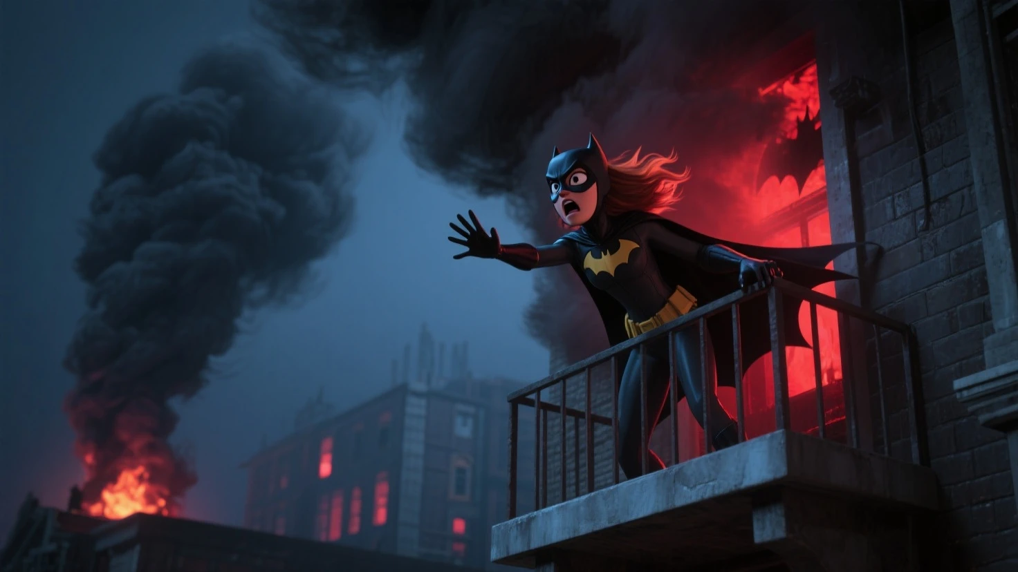Anime Style, DCAU style, Batgirl, Posing full body, Hand on , looking at viewer smirking, Red Ginger hair, , , Big , Blurry night city background,