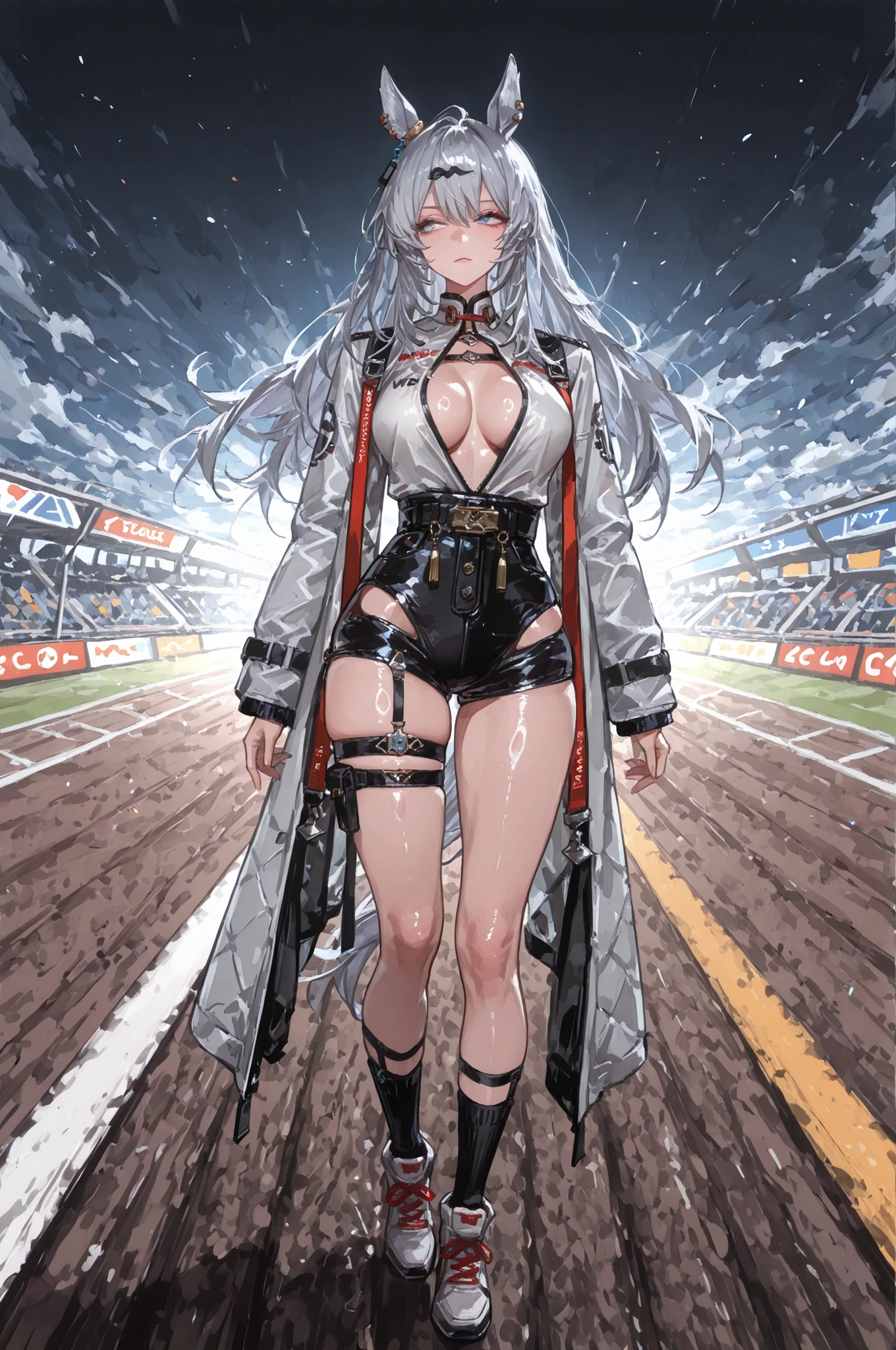 lawnの上、racecourse、緑のlawn、新緑のlawn、、Yee Xuan、collapse Starrail、Racecourse、Uma Musume、horse ear、Jirio Mahonoko、 A sophisticated eye 、Full Body、GBF_style、748cm style for bigi、32K、Semi Realistic、  super detailed description on the front 、art work、Original Work、 Detailed Color、 detailed eyes、 detailed face 、Detailed Eyes、detailed eyes、Exquisite eyes, The best傑作、professional job、Beautiful , Lots of Piercings, pop art, shiny skin, realistic skin, The best, long hair, blue eyes,    cool look, narrowed her eyes, viewers, Silver Hair、lawn、Racecourse、Turf、Race Course 、Dynamic Poses 、緑のlawn,Racecourse、lawn、Black Knee Socks、緑のlawn、black hotpants、black hotpants、black tights、lawnの上、frustrated、Three-quarter sleeves、3/4 sleeve long coat、Red and white coat 、two-tone coat、Garter Belt for One Leg、Yee Xuan、open  clothes