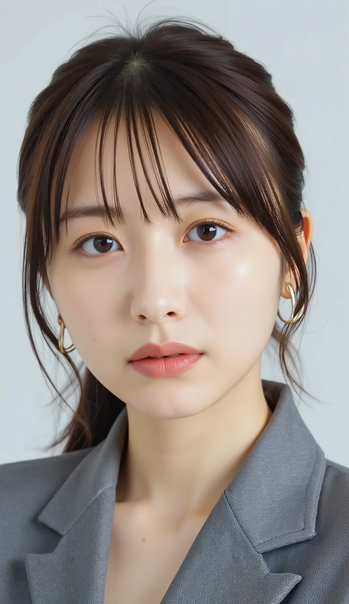 Neat Young Woman、and look at the camera、office lady suit、jacket、shirt、necklace、、ear piercing、前髪あり、No expression、has closed its mouth、顔のクローズアップ、The background is office