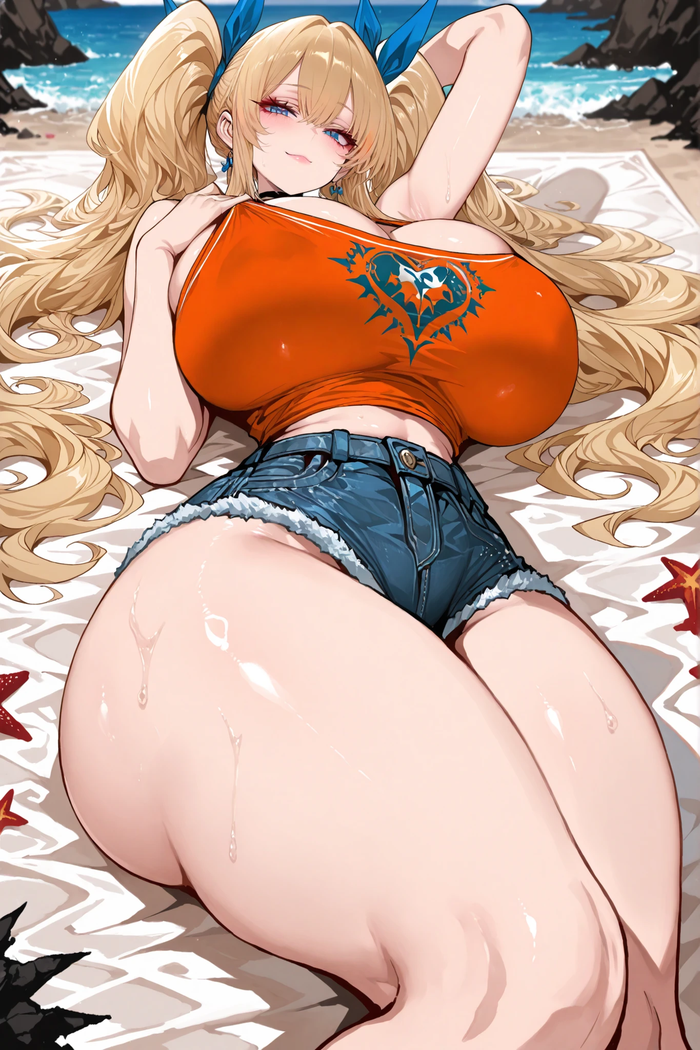 masterpiece, best quality, 1girl, solo, alone, score_9, score_8_up, score_7_up, anime screencap, BREAK 1girl, long blonde hair with blue ribbons tied in twin tails, light tan skin tone, minimal makeup with soft pink lips, blue eyes with gentle expression, small smile, dark orange tank top, extremely form-fitting and exposing massive cleavage, blue denim shorts, (extremely curvy: 1.6), (very large bust: 1.5), (narrow waist: 1.4), (extremely wide hips: 1.6), (very thick thighs: 1.5), (huge rear: 1.5), detailed eyes, detailed body proportions, lying on side pose on beach, dishwasher1910, Siu, fishine, jipa42760710, anip41nt) (young woman:2.5), (adult:2.5) (tall, 1girl, solo, extremely curvy figure, slim waist, very wide hips, very thick thighs, very large breasts, huge butt, voluptuous, first-rate female body)