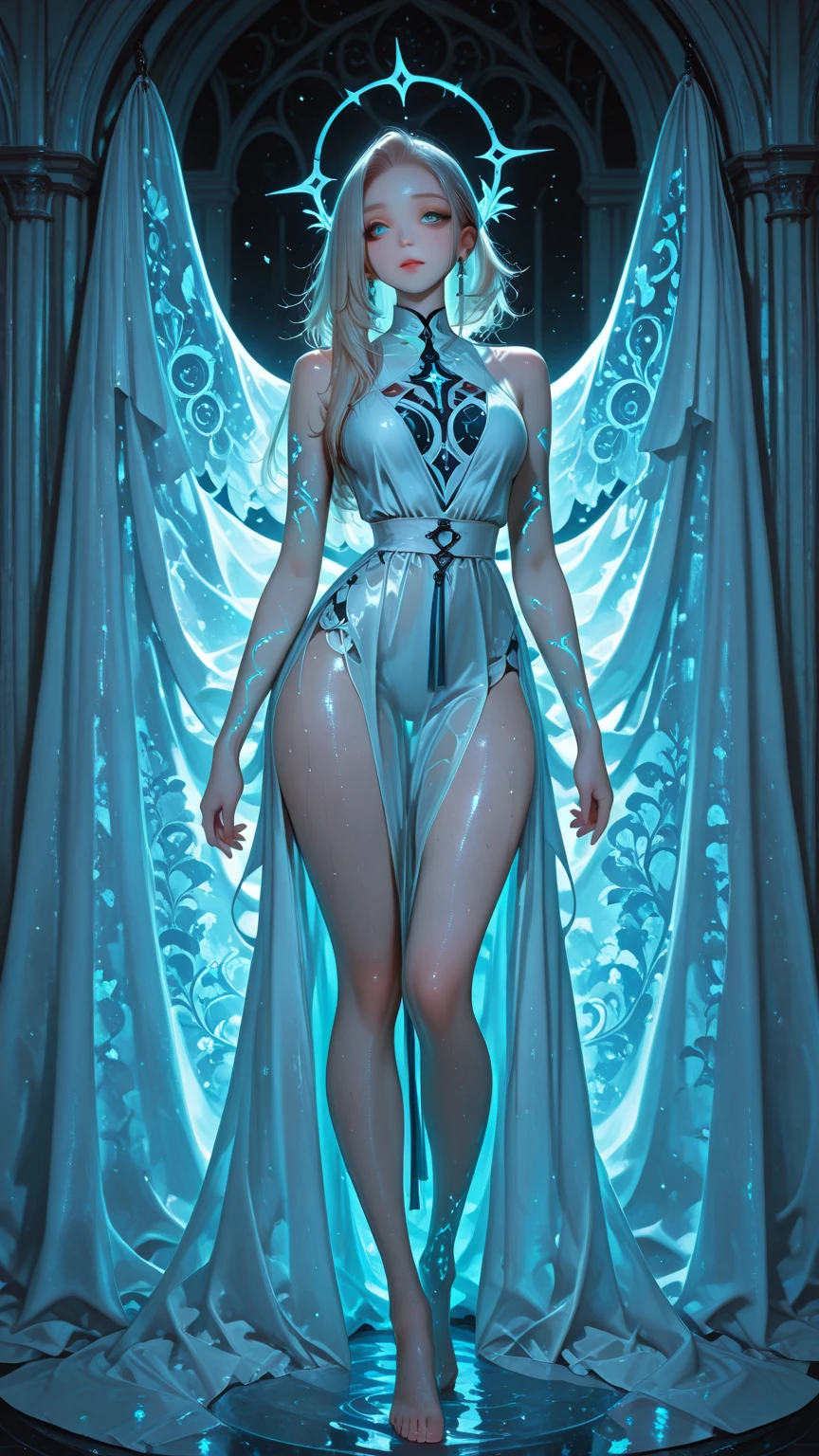 a girl、a baby face、Very cute、slim and beautiful、((small :1.2))、eyes well drawn、charming eyes、double tail、Wear jewelry and pearls around your neck， openwork、Deep V、Crystal Pearls、在Wear jewelry and pearls around your neck，white hair, Showing thighs,  shoulders, showing clavicle, Yao Liu, barefoot，((whole body))、painful posture