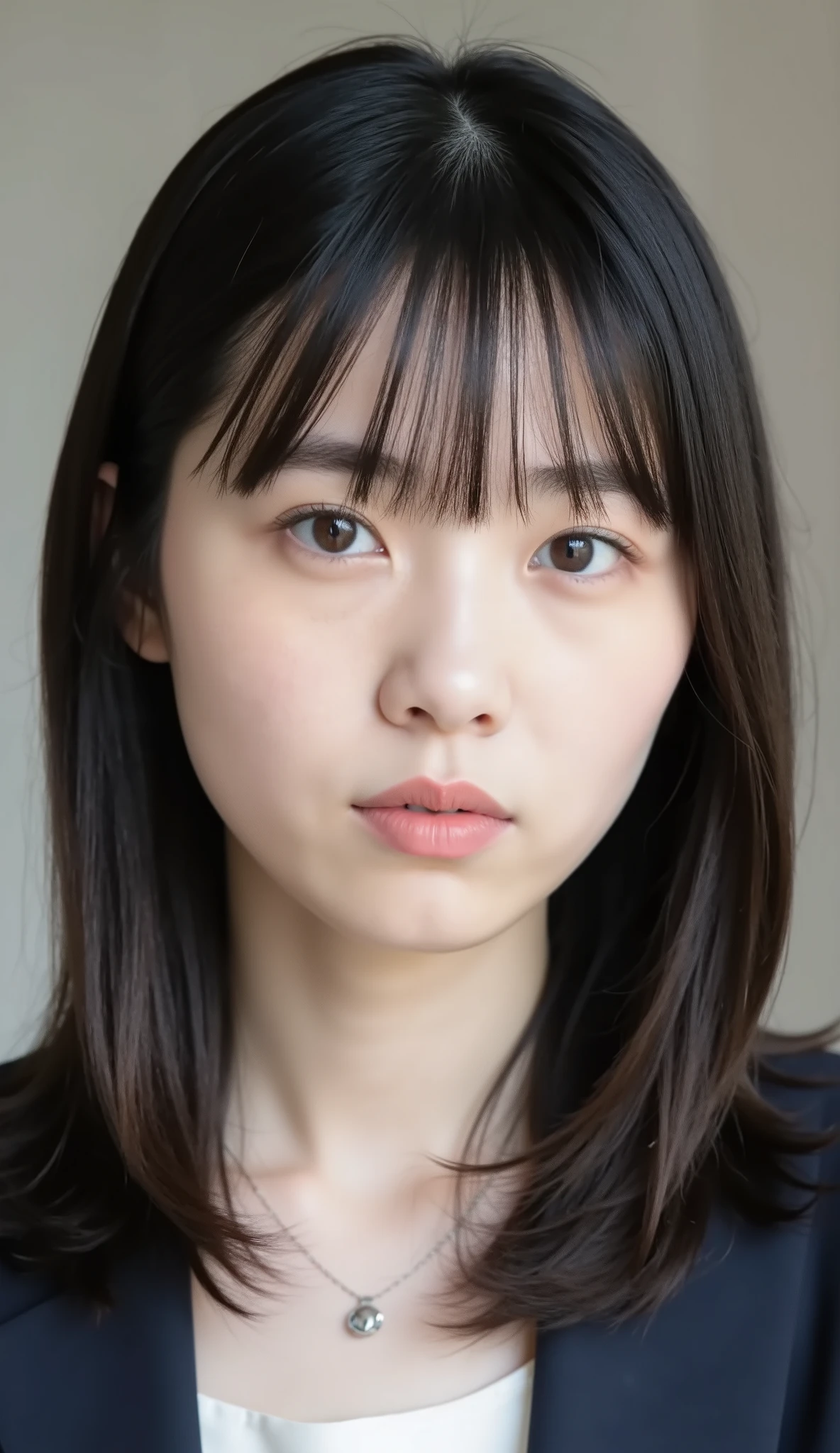 Neat Young Woman、and look at the camera、office lady suit、jacket、shirt、necklace、、ear piercing、前髪あり、No expression、has closed its mouth、顔のクローズアップ、The background is office