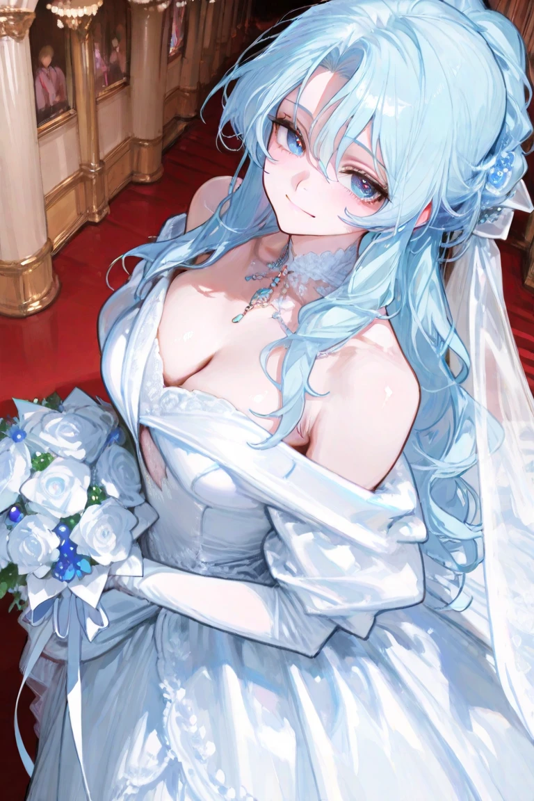 Masterpiece, high res, beautiful art, professional artist, 8k, art style by sciamano240, very detailed face, very detailed hair, 1girl, perfectly drawn body, beautiful face, long hair, light blue hair , very detailed blue vertical cat eyes, pouty lips , rosey cheeks, intricate details in eyes, extreme close up of face, see only head and neck, staring directly at viewer, wearing elegant wedding dress, jewellery, cat ears under veil, white elbow gloves, white stockings, garter belt, white elegant high heels, some freckles, wedding ring, extreme happiness expression, night wedding party setting, pov character sitting on a chair leg extended in front the viewer at the reception hall, full body view,