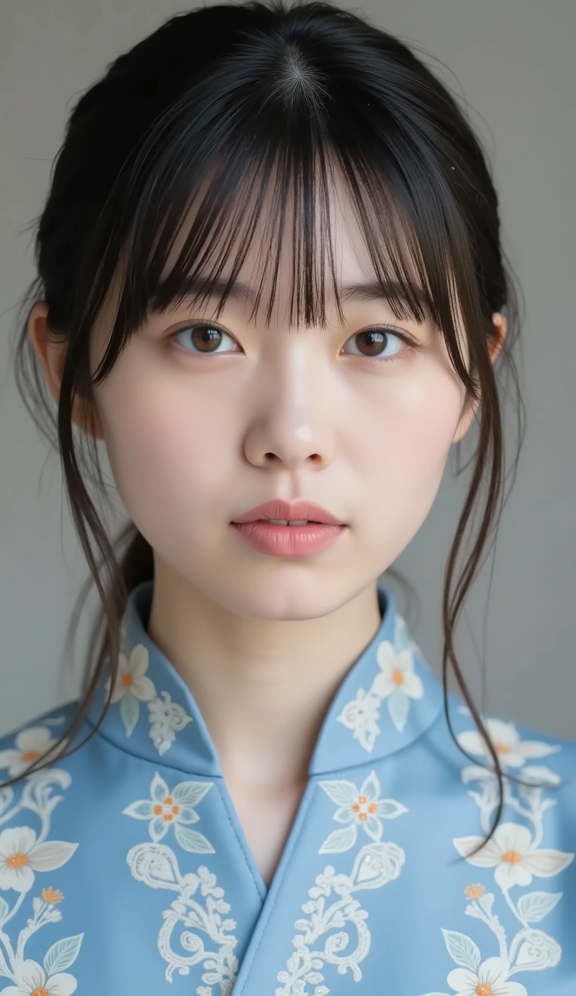 8k、Ultra Precise Rendering、Pictureの品質、 Top quality  ， Picture， detail eyes、 intricate details ，RAW Picture、natural makeup、Sparkling eyes、cute face、Smile Yan、very white skin、thin waist、blue daffodil， with elaborate and detailed embroidery all over , to reach the climax、Angle to knee、 medium full shot from an oblique front、blue daffodil、 Vietnamese National Clothes ，カメラ目線、濃いアイメイク、薄い茶髪、無表情、口を閉じている