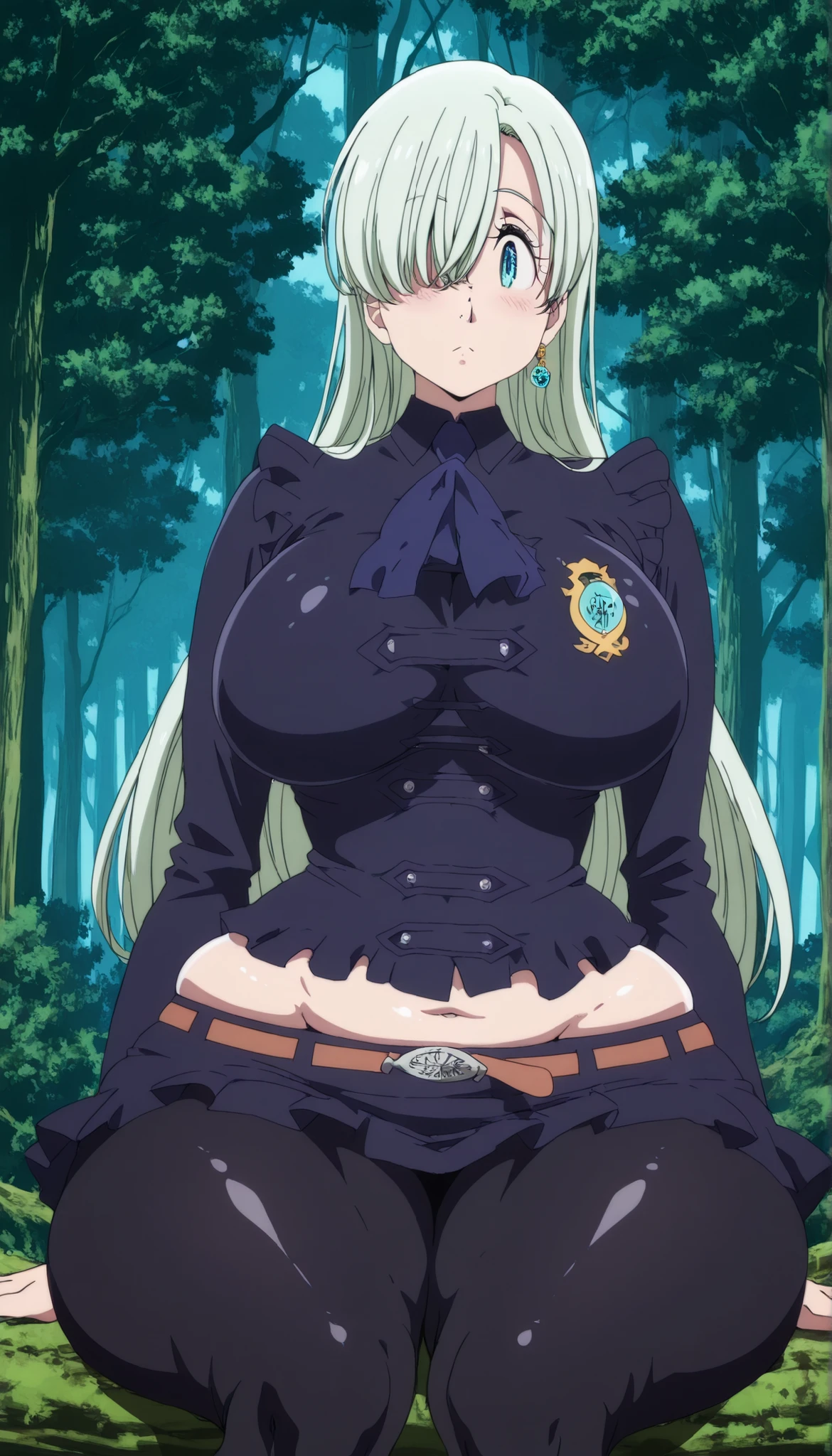 Elizabeth Liones, long hair, white hair, Hair Right Eye Closure , Blue Eye, big breasts, thick plumpy thighs, wide curvy hips, voluptuous body, Curvy body, thicc woman, wearing sexy school uniform, wear black tights, sit, Forest background, low angle image