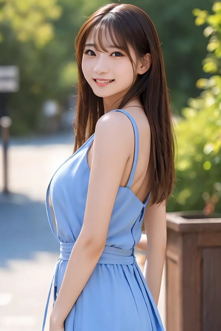 8K, Ultra-high resolution, Highest quality, masterpiece, 三分割法によるphotograph,Surreal, photograph, 1 girl, (16 years old:1.3), pretty girl, Cute face, Beautiful eyes in every detail, 細かくdetailedに,masterpiece,, One Girl:1.2, Japan Female Announcer,whole body,Young Wife,Girl with her back to the camera, Blue atmosphere dusk, Field, forest、Full of cleanliness,A carefree smile,Healing the heart,Semi-long layered hair,Looking at the audience、beauty,Long neck、Laugh a little、Please close your mouth and laugh、(((Ideal body type))),A-cup small breasts :2,、Portraiture:2、Perfect 、鮮明なdetailed、detailed、Surreal、Light and shadow,Strong light