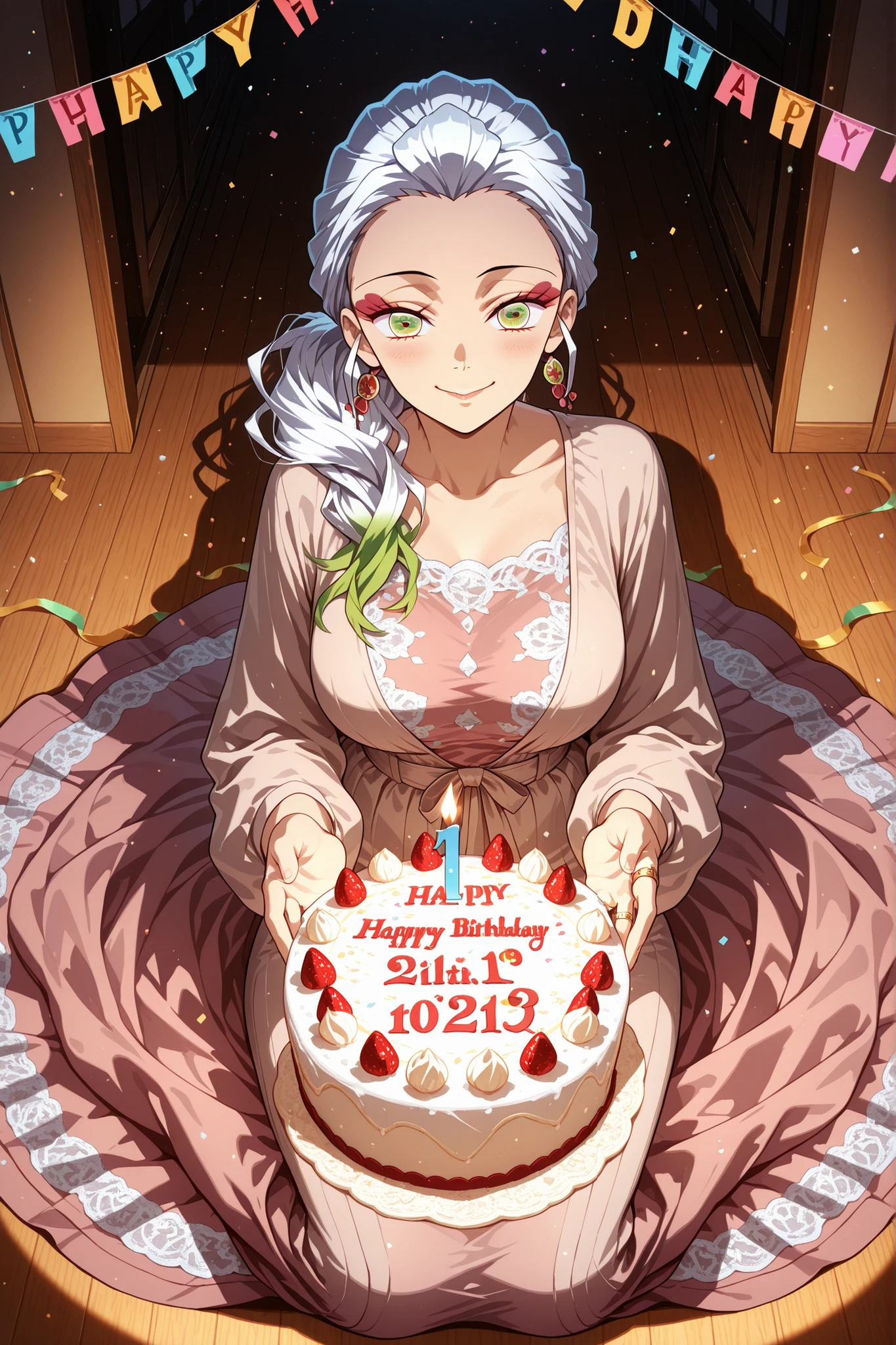 Daki,demon_slayer, white hair, two-tone hair, gradient hair, green hair, green eyes,subtle make-up, mature woman, beautiful elegant woman, wearing a soft pastel-colored long dress with lace details and ribbon waist, gentle silky fabric, sitting gracefully on the floor surrounded by small birthday decorations, warm home atmosphere, soft lighting, faint smile, hair tied in a low side ponytail, a subtle ring on her finger, cozy and elegant vibe, looking at viewer, anime style, detailed light and shadow, celebrating birthday, birthday cake, giveup cake
