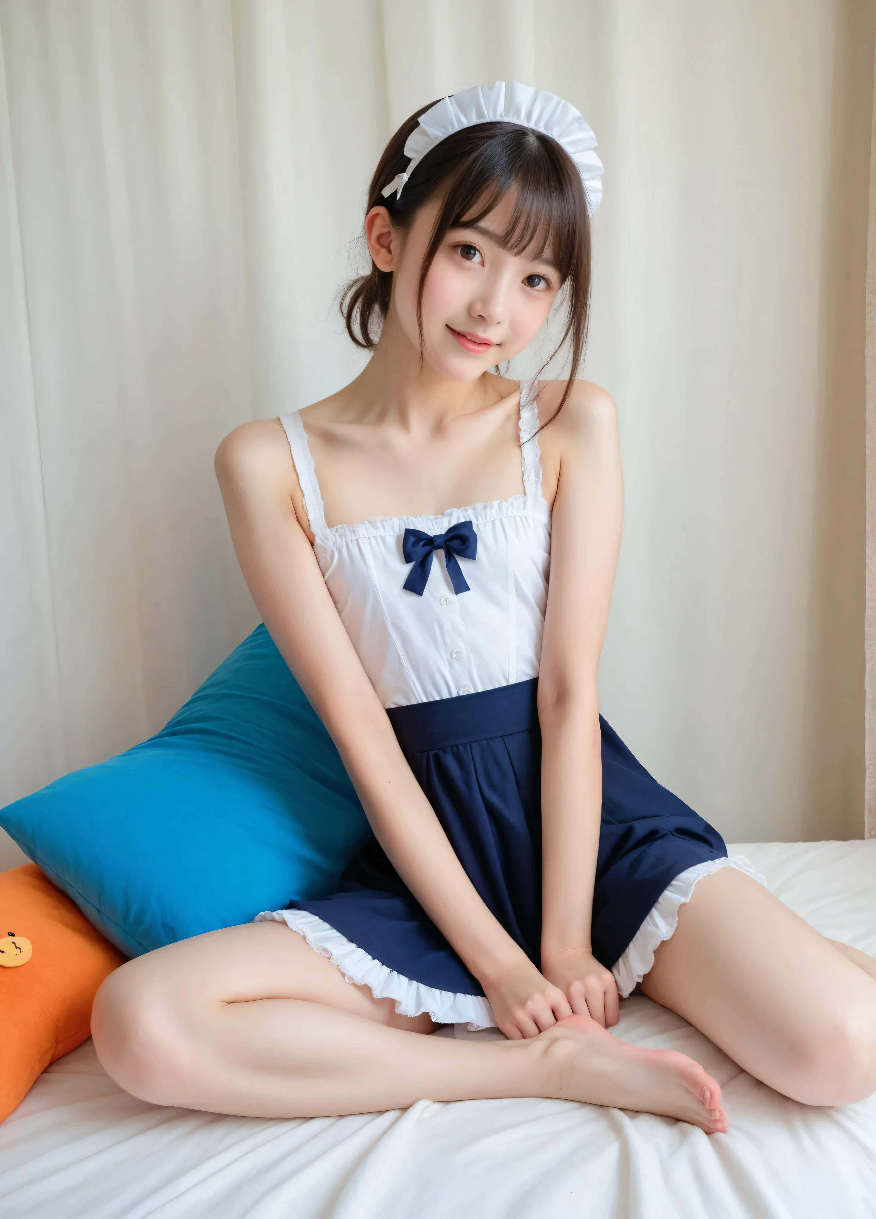 cute girl,かわいいyounger女の子,slender,short,skinny,slender body,younger,skinny,score_9,Maid clothes on the side,realistic,masterpiece,college students,small breasted,japanese,white skin, thin shoulders,thin arm,Narrow Shoulder, Leg hair ,High Fine