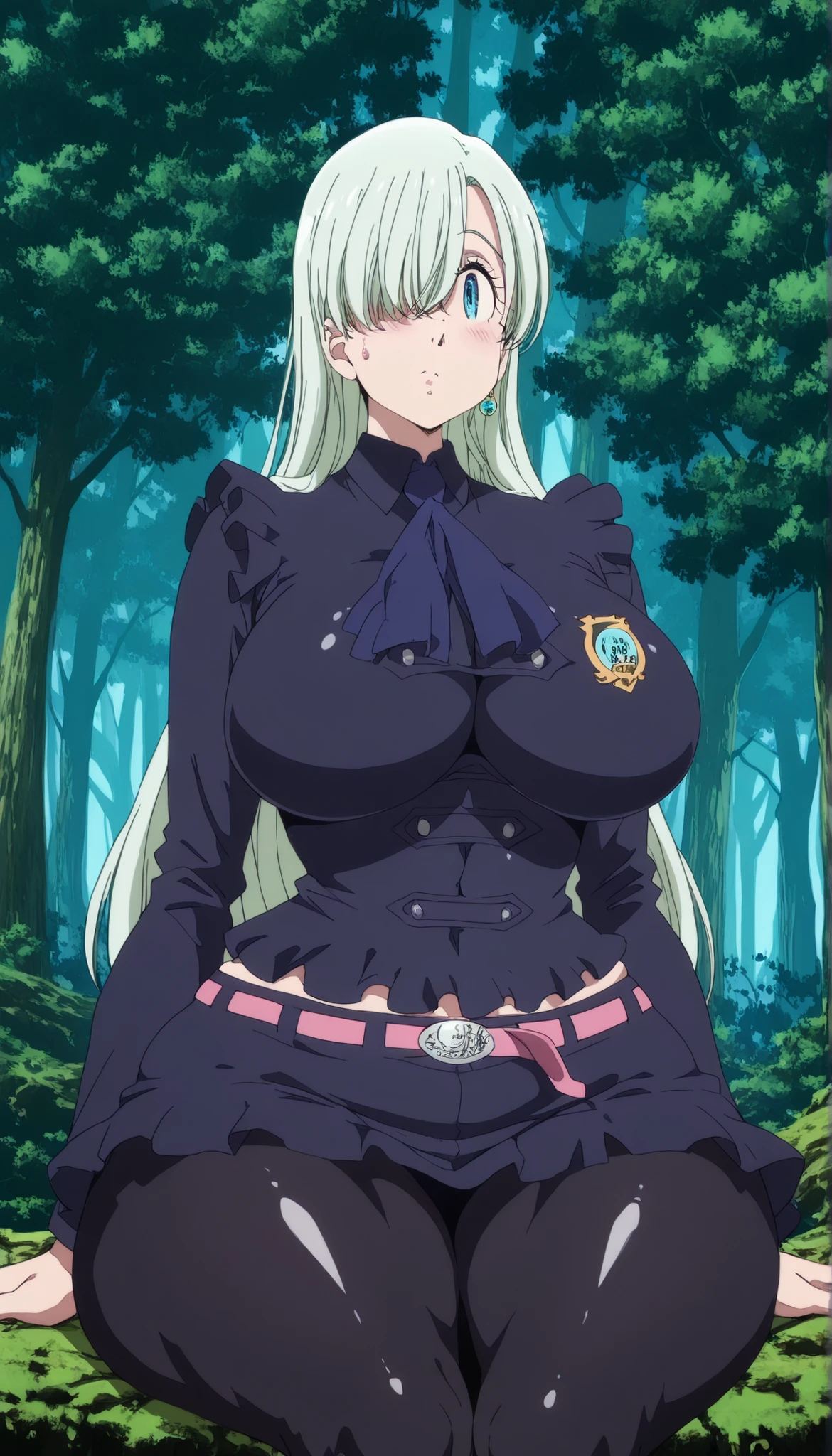 Elizabeth Liones, long hair, white hair, Hair Right Eye Closure , Blue Eye, big breasts, thick plumpy thighs, wide curvy hips, voluptuous body, Curvy body, thicc woman, wearing sexy school uniform, wear black tights, sit, Forest background, low angle image