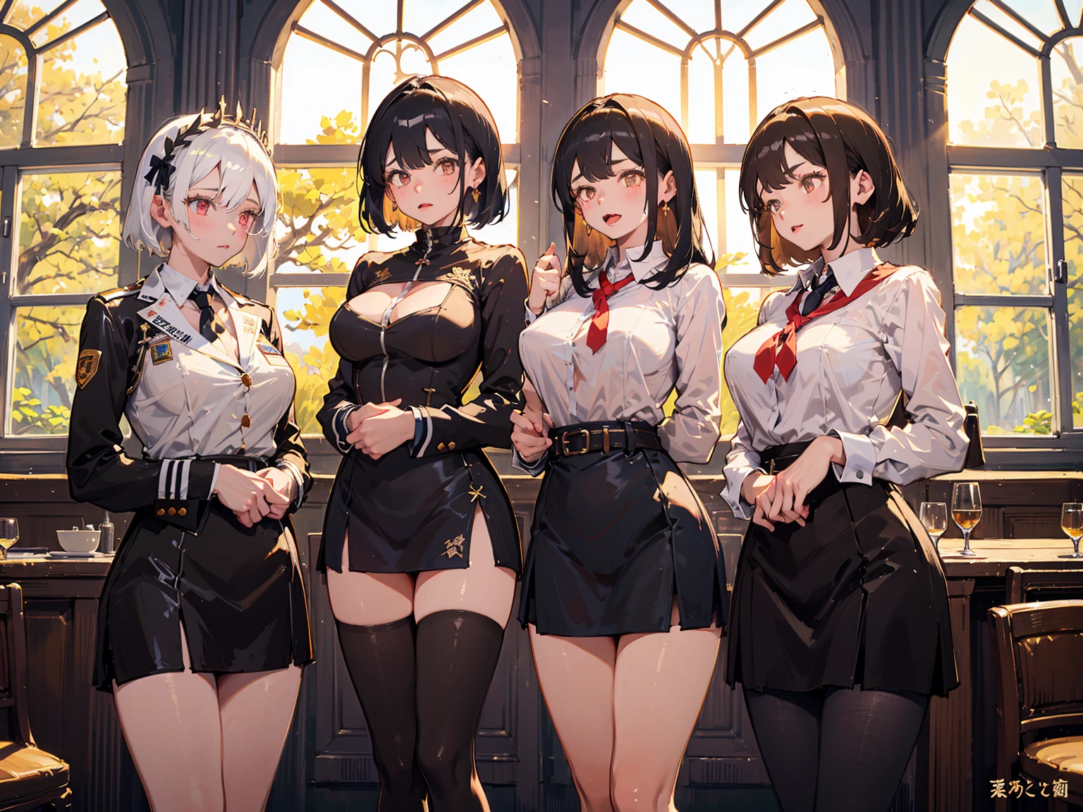 , 3girls,  poses, crop top, skirt, thigh highs, schoolgirls, tall, overly sexualized,