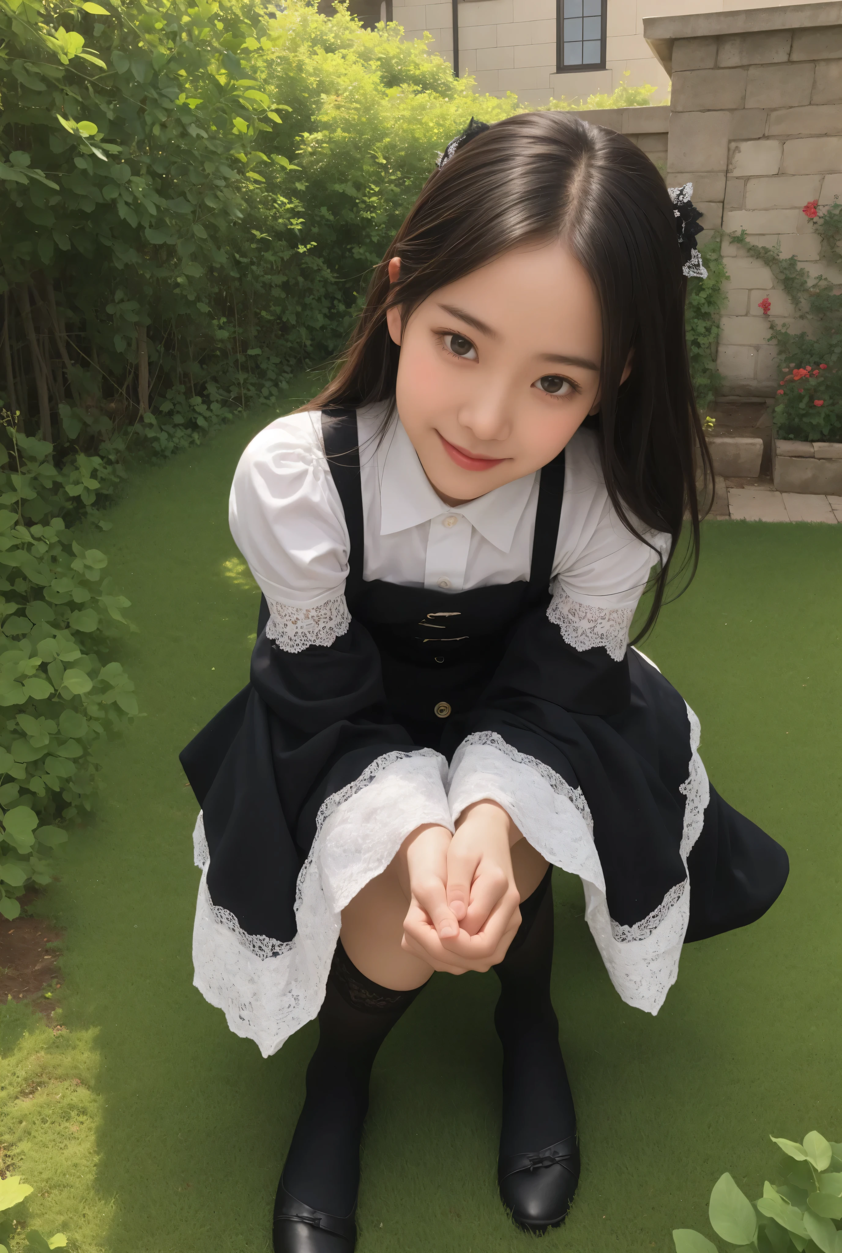 (1 cute girl)、maids,Look at the audience,(skinny:0.96),(younger:0.97),from above,in black lace stockings,lean forward,(big boobs:0.24),japanese,(Smile Yang:0.49),black lace stockings