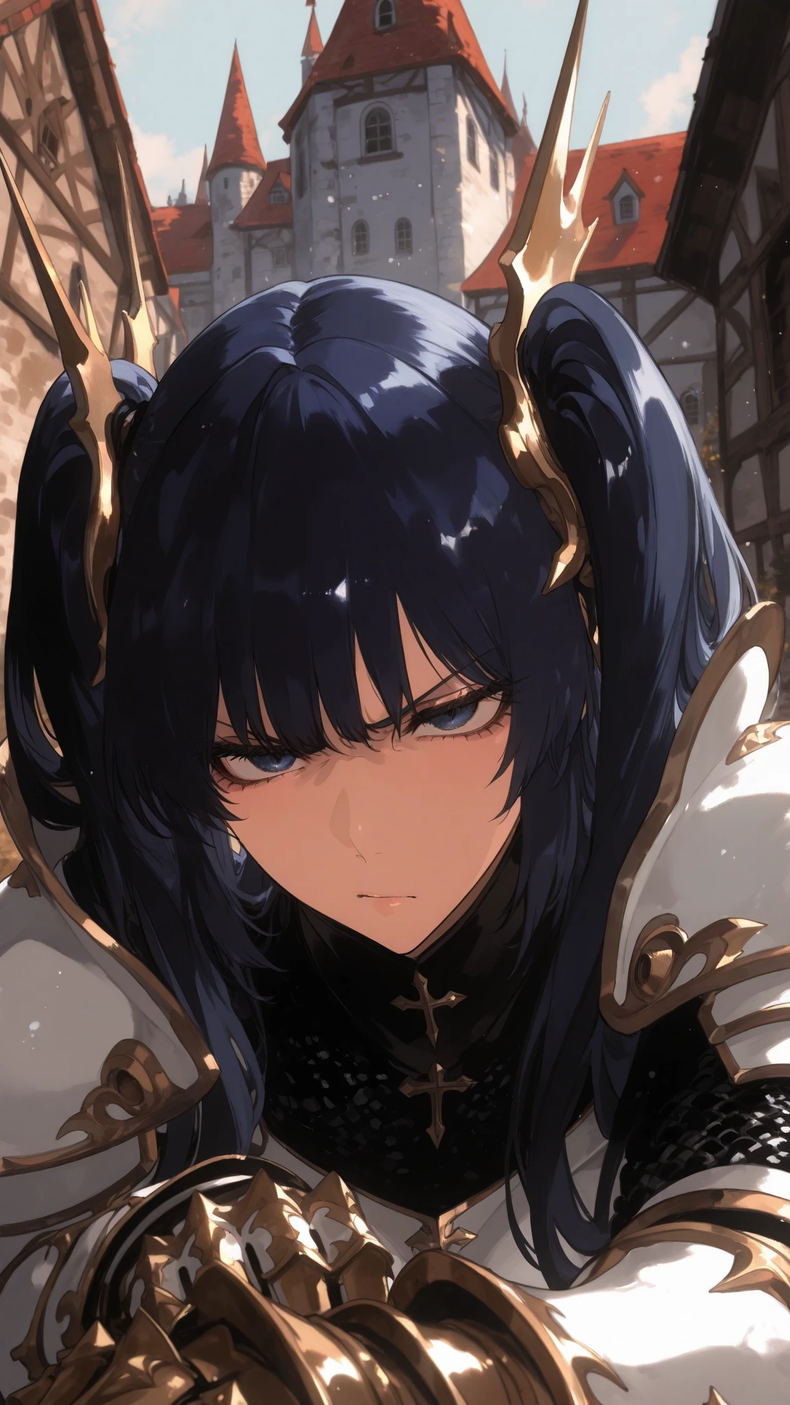 Knight of the cult of the dragon. She is tall and wearing plate armor.  Very beautiful and black hair.  She is wearing a purple cloak.  In the fantasy style